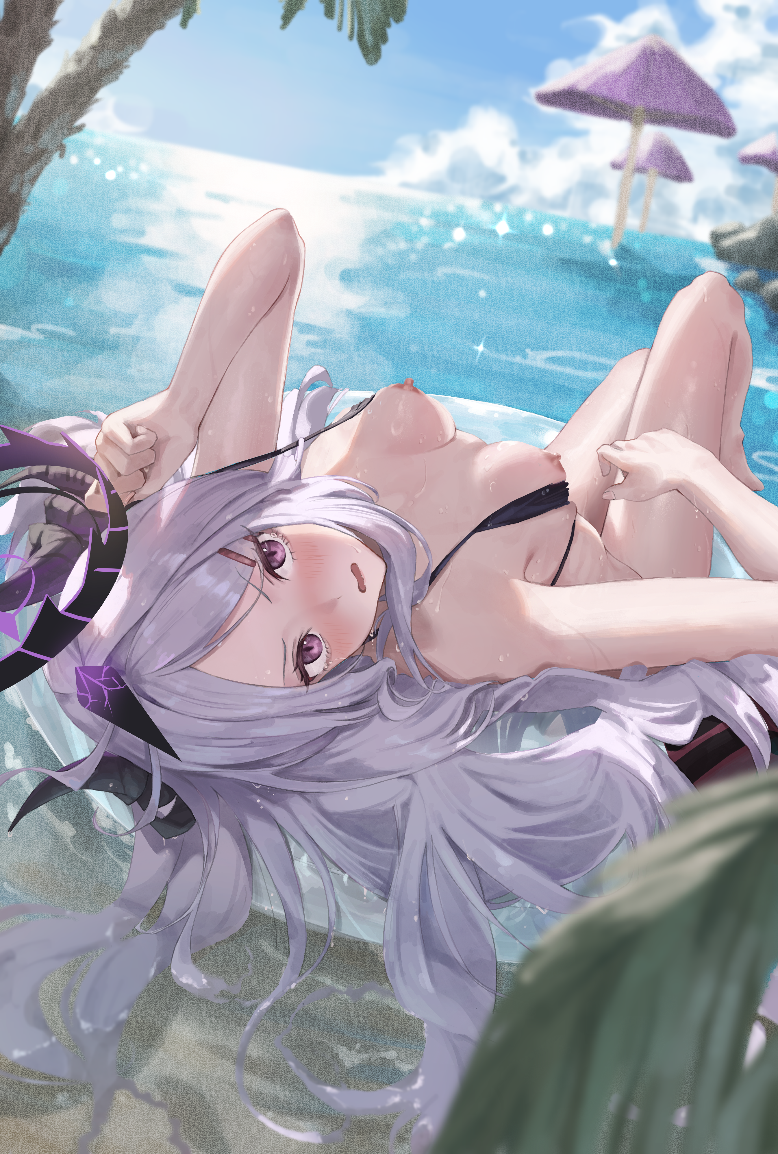 bikini_top blue_archive breasts halo horns nipples renge_(730) sorasaki_hina swimsuits undressing wet