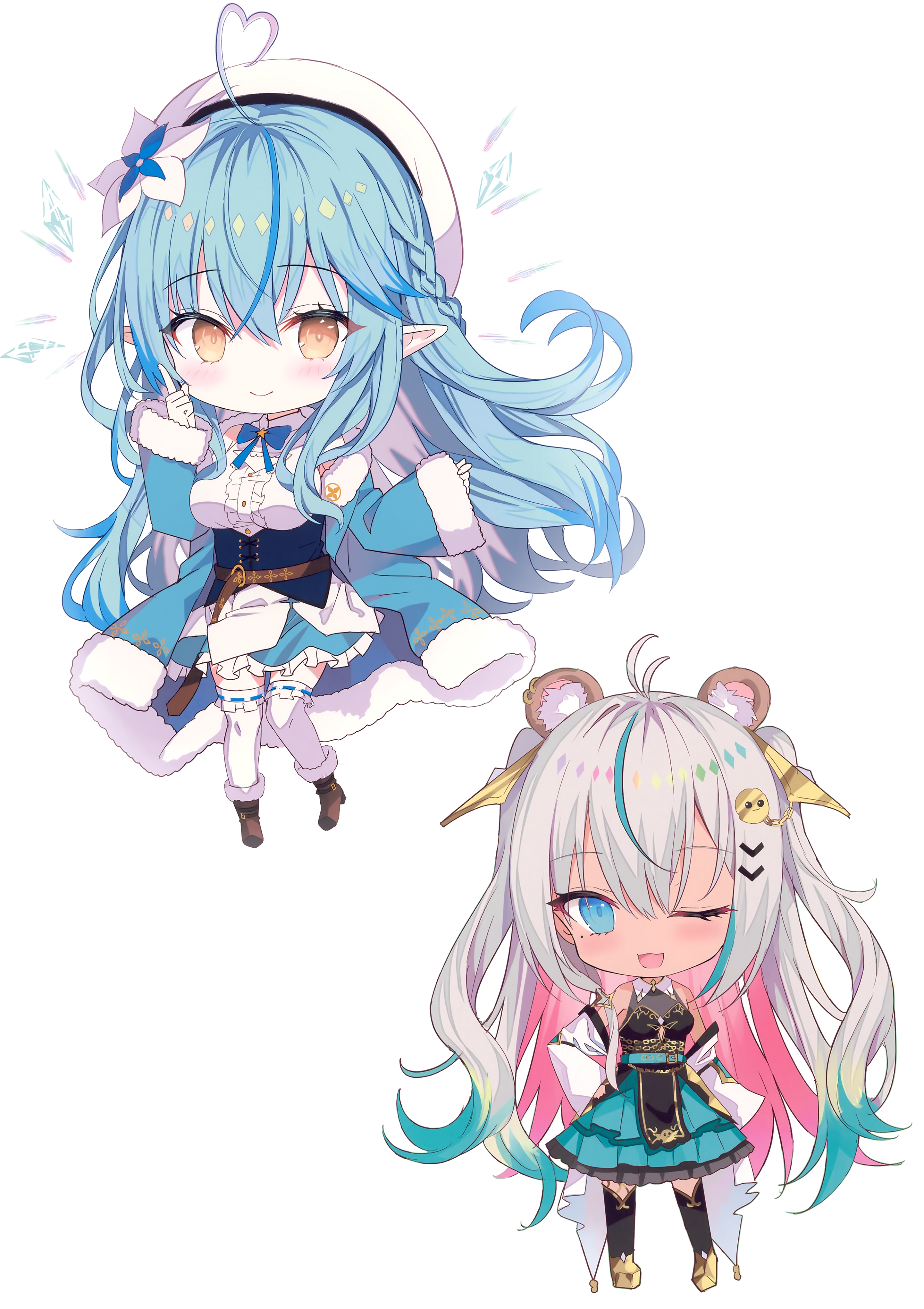 animal_ears chibi dress elf hololive pointy_ears rin_yuu thighhighs yukihana_lamy