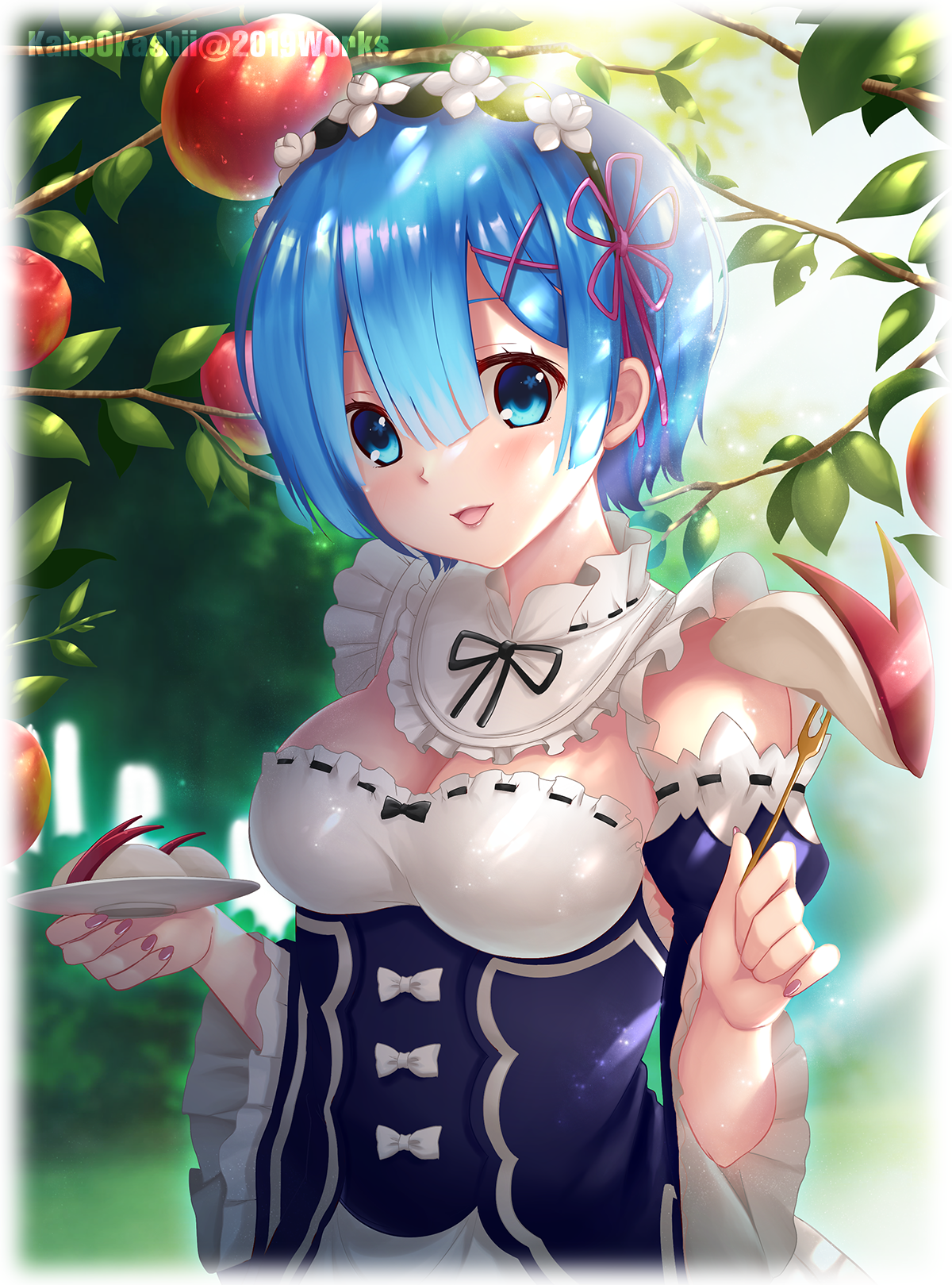 cleavage kaho_okashii maid re_zero_kara_hajimeru_isekai_seikatsu rem_(re_zero)