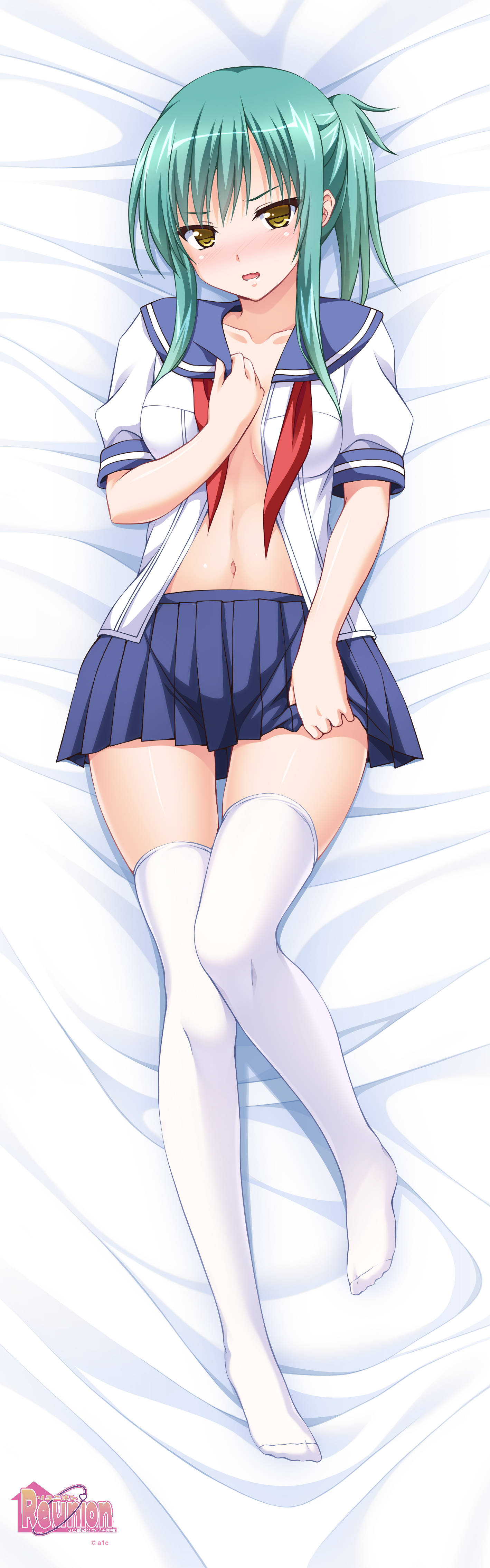 breast_hold cleavage dakimakura no_bra open_shirt poro seifuku tagme thighhighs