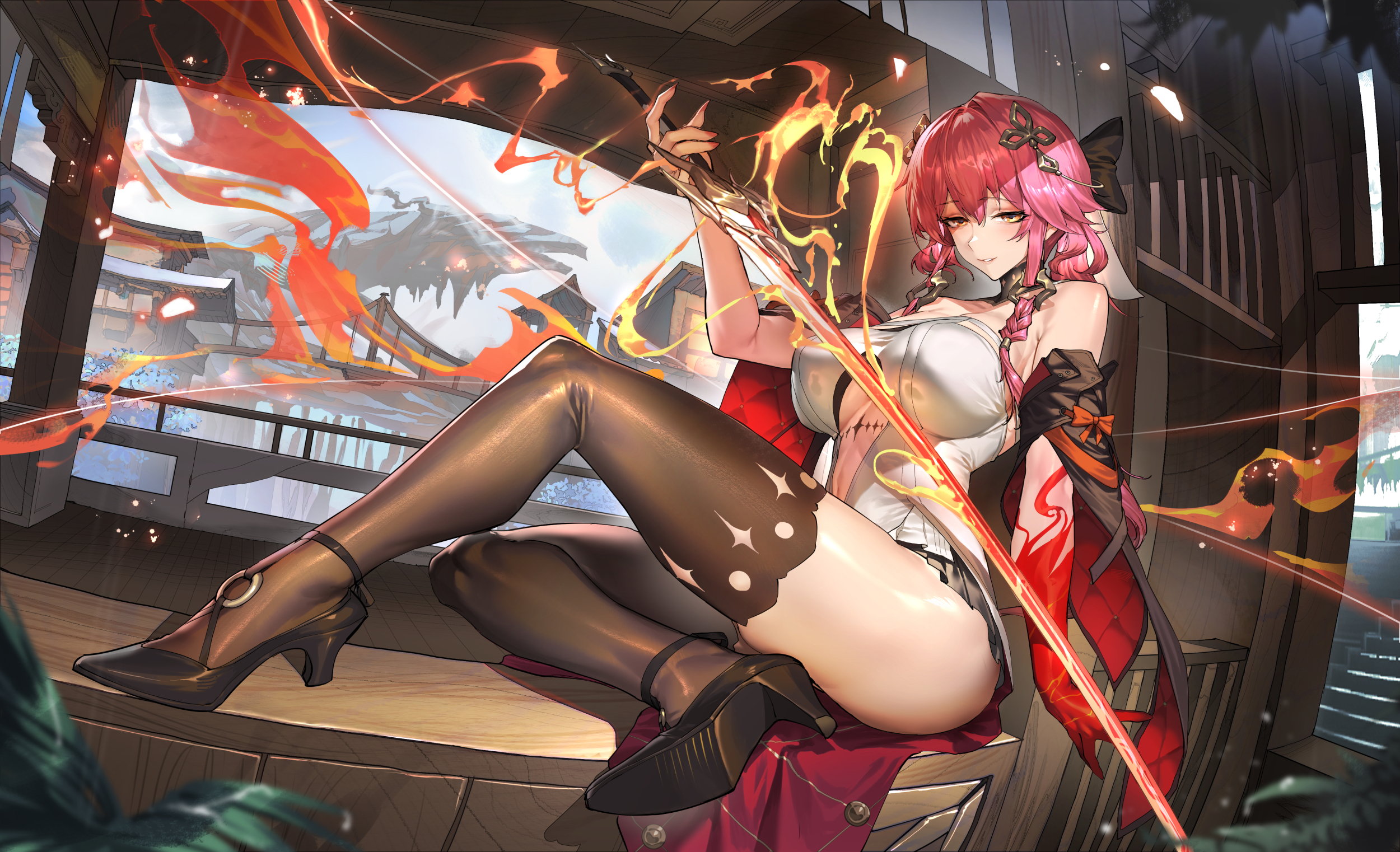 artist_revision asian_clothes changli heels jinlin no_bra skirt_lift sword tattoo thighhighs wuthering_waves