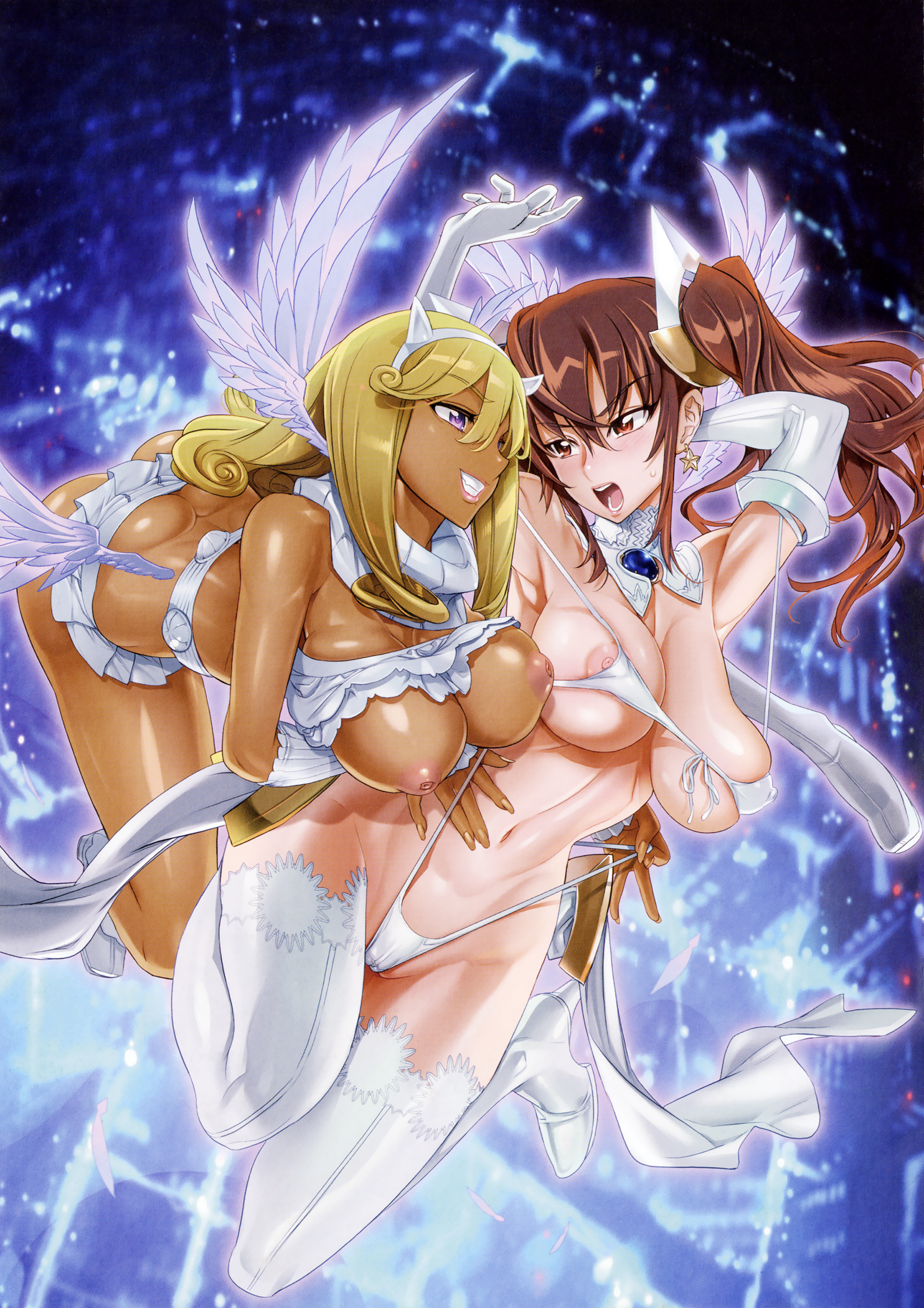 akutsu_kirara bikini breasts heels inazuma kuramoto_erika mahou_shoujo_(raita) nipples panty_pull swimsuits thighhighs wardrobe_malfunction wings yuri