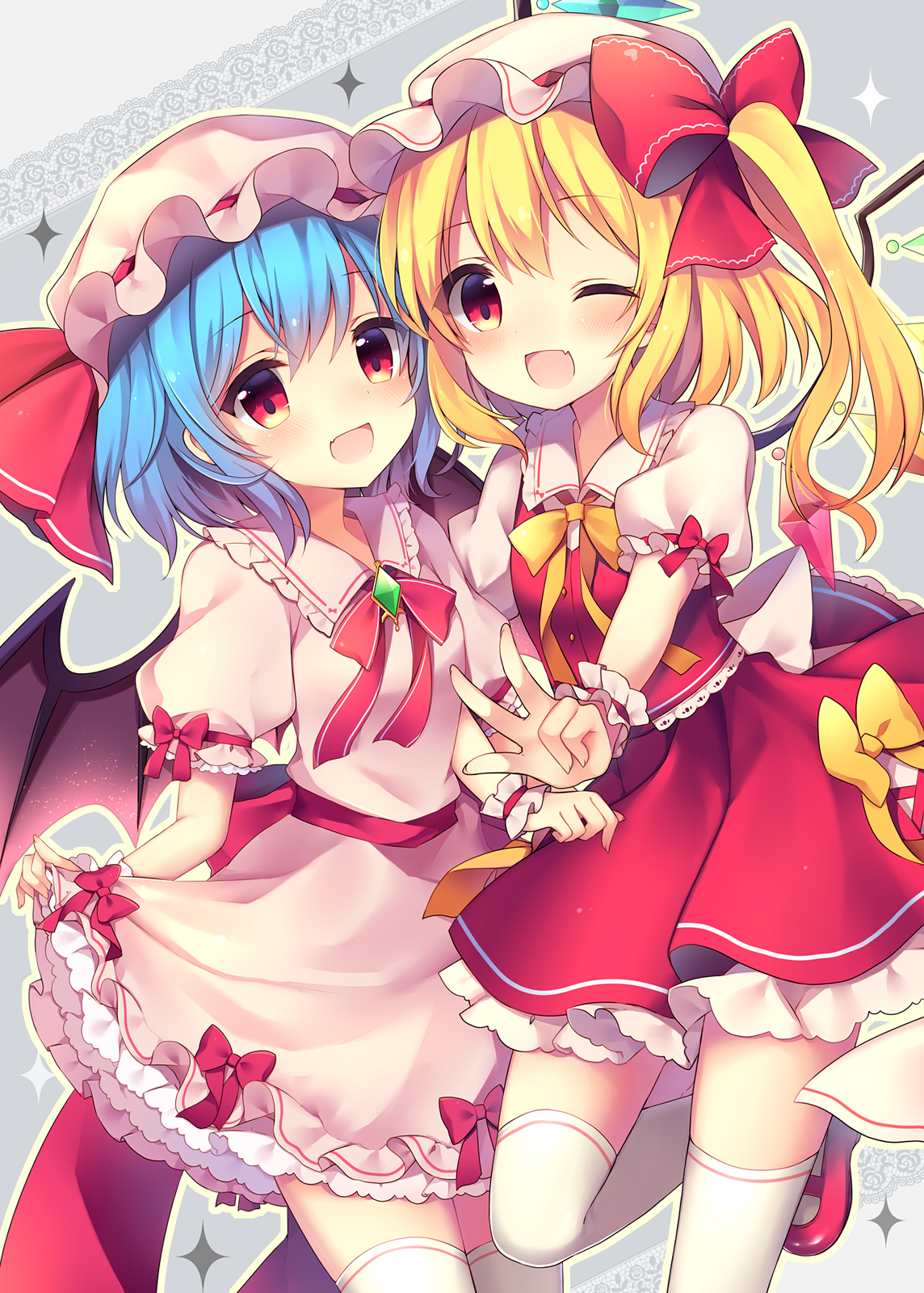 flandre_scarlet remilia_scarlet ruhika skirt_lift thighhighs touhou wings