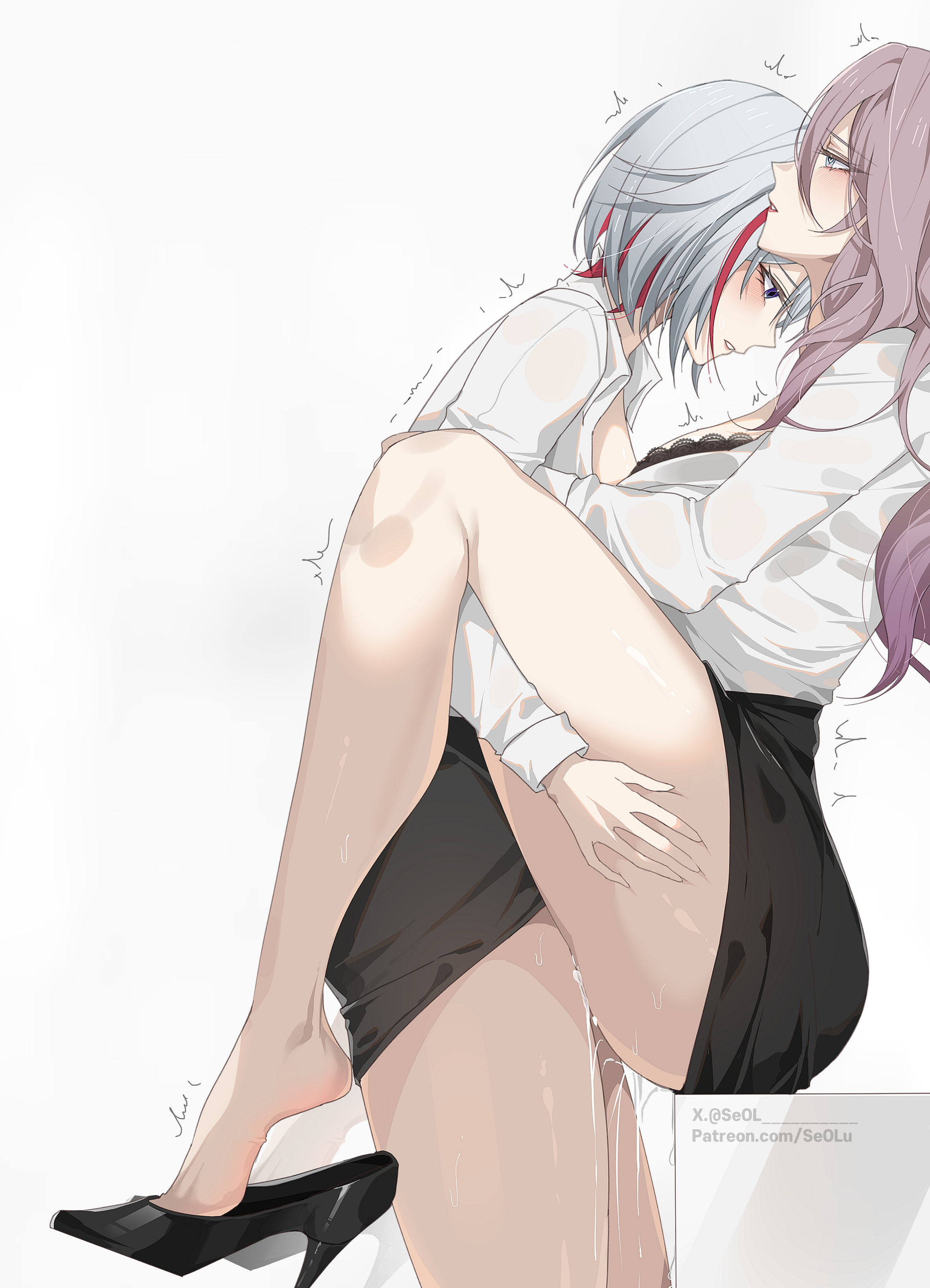 bra cum dress_shirt futanari heels honkai:_star_rail jade_(honkai:_star_rail) open_shirt pussy_juice seol_(baconontheclock) sex skirt_lift topaz yuri