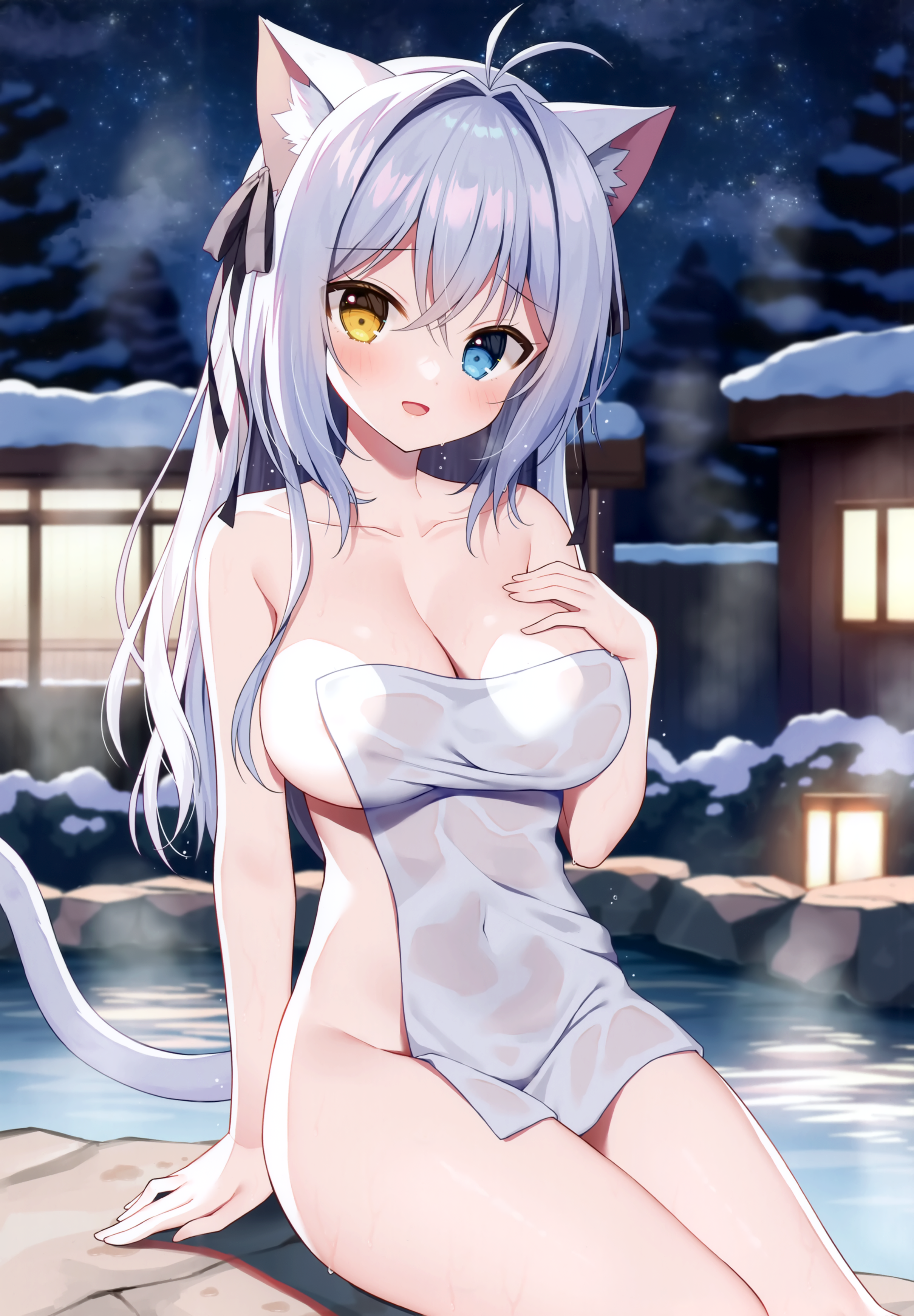 aina_rive animal_ears heterochromia mauve naked nekomimi onsen see_through tail towel wata★punch wet