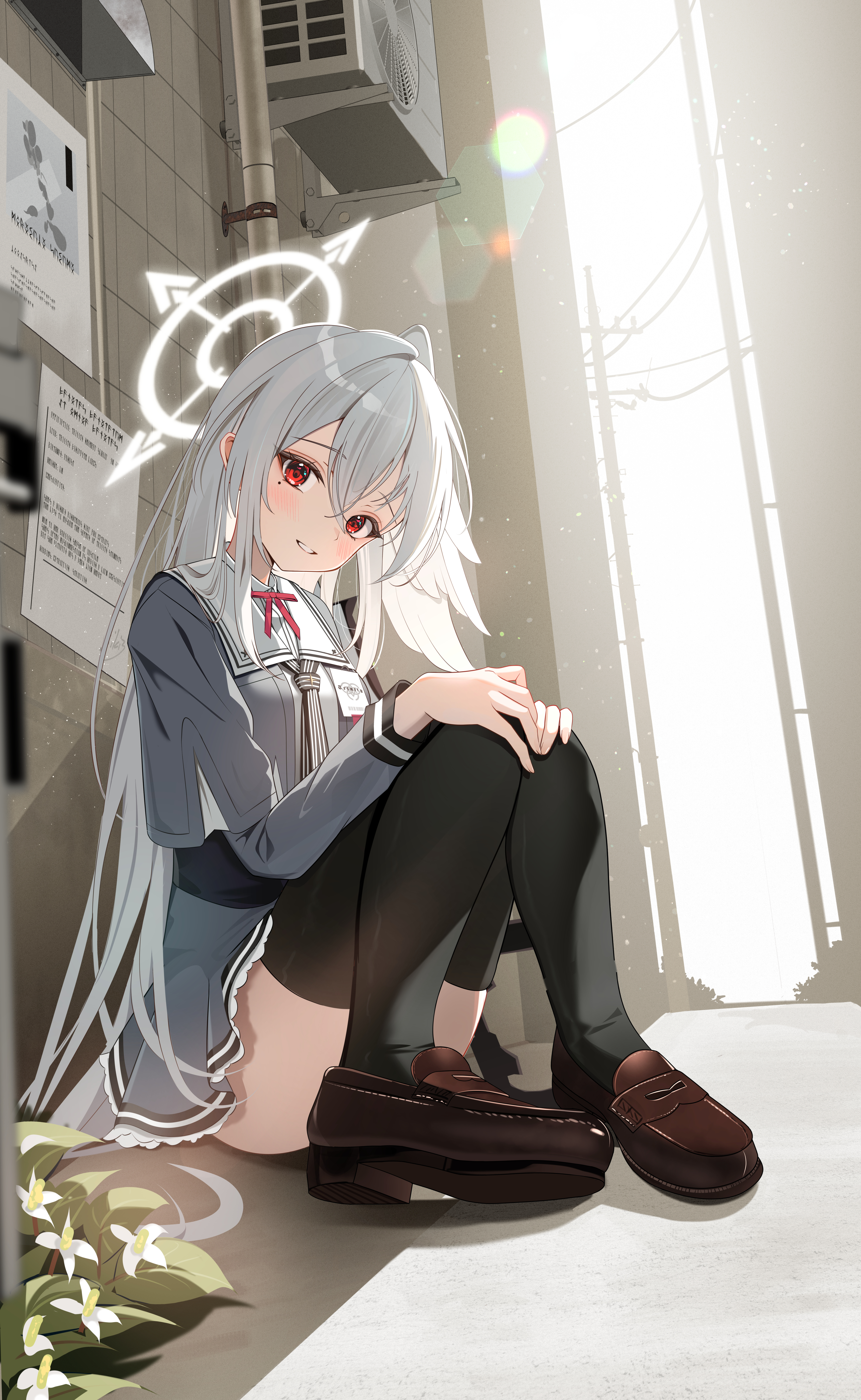 blue_archive halo morizuki_suzumi seifuku sikimosh skirt_lift thighhighs