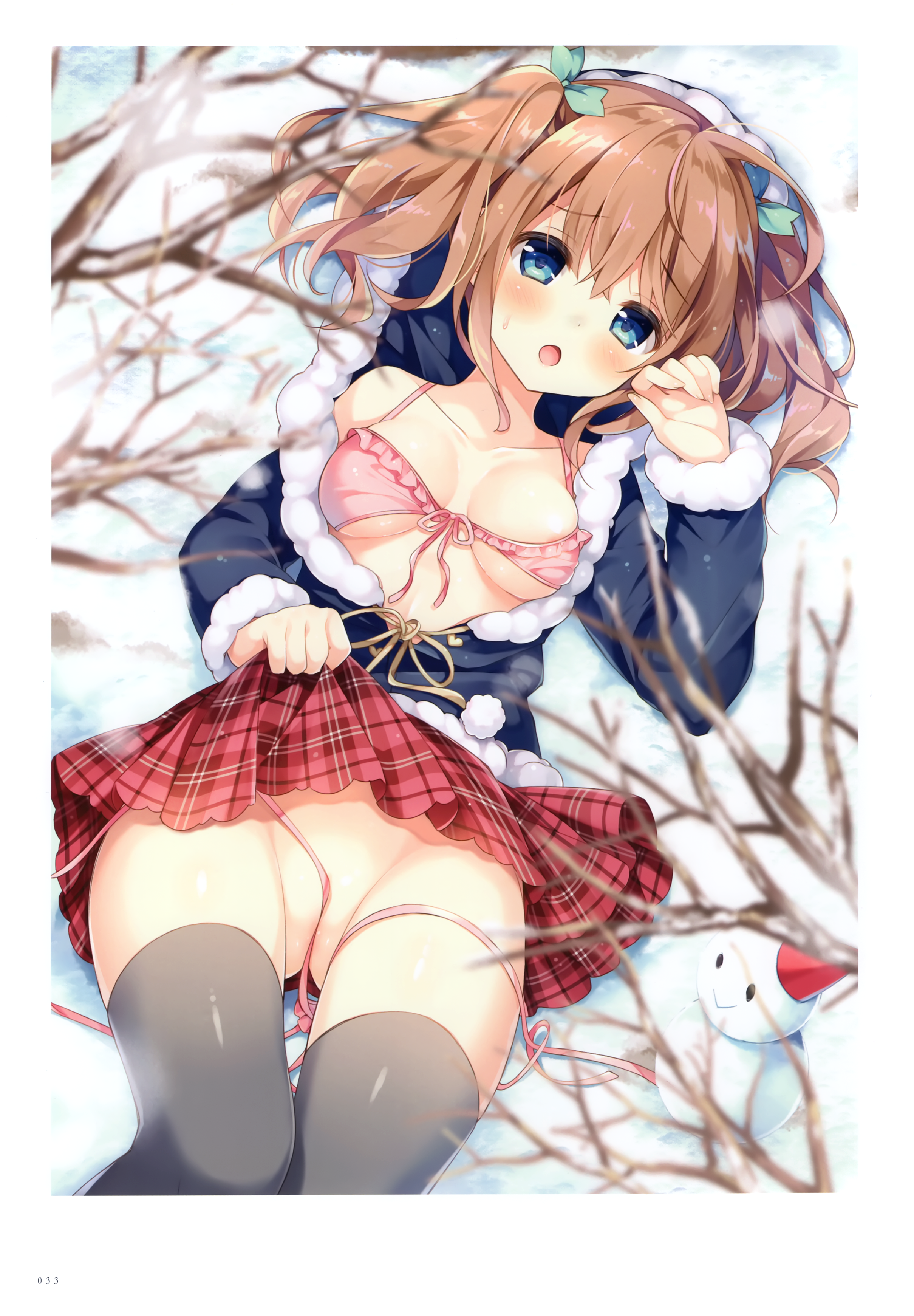 areola bra chilly_polka open_shirt pantsu panty_pull skirt_lift string_panties suimya thighhighs