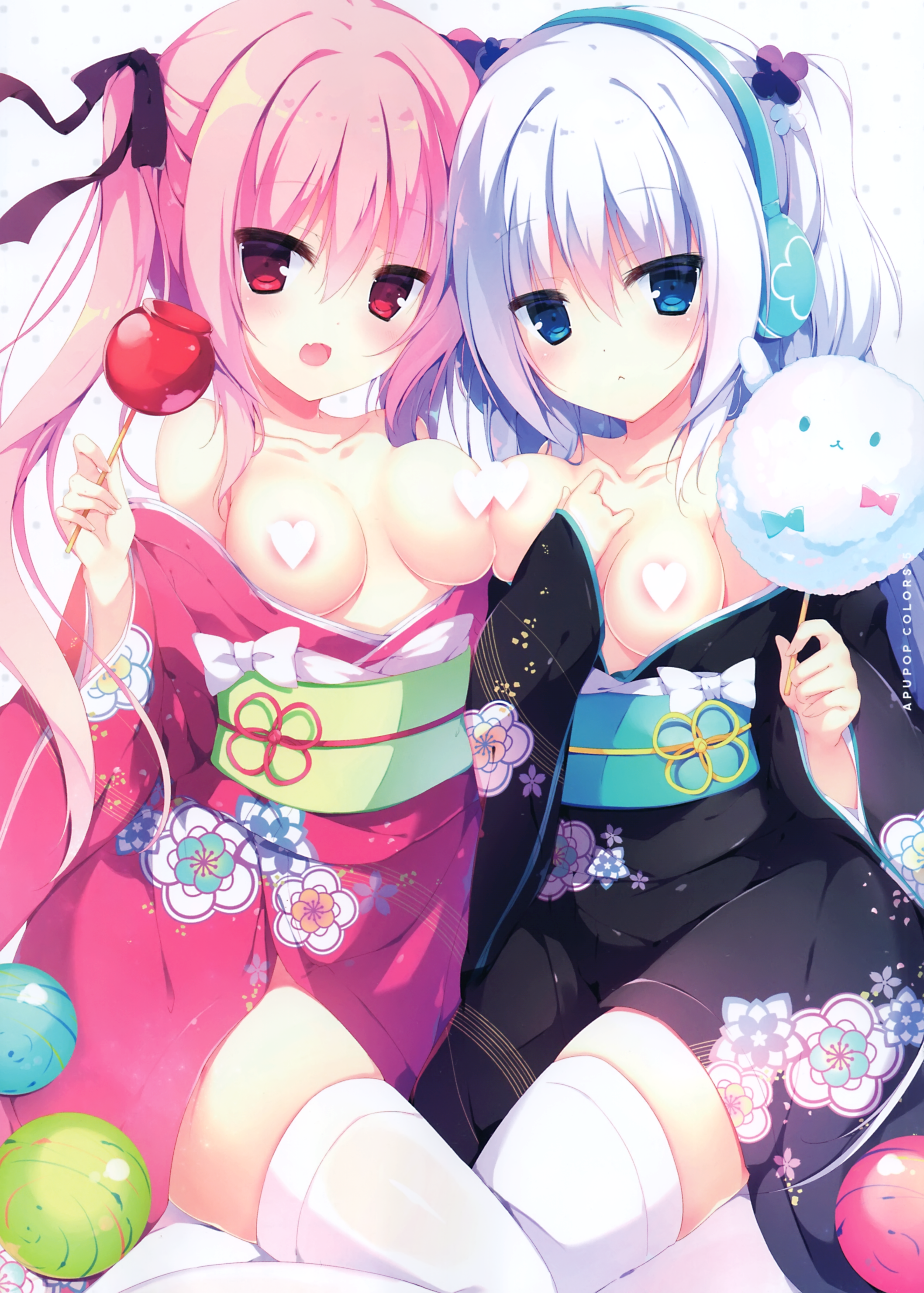 aisu_mint apupop areola breast_hold breasts censored cherico muku_(apupop) no_bra open_shirt thighhighs yukata