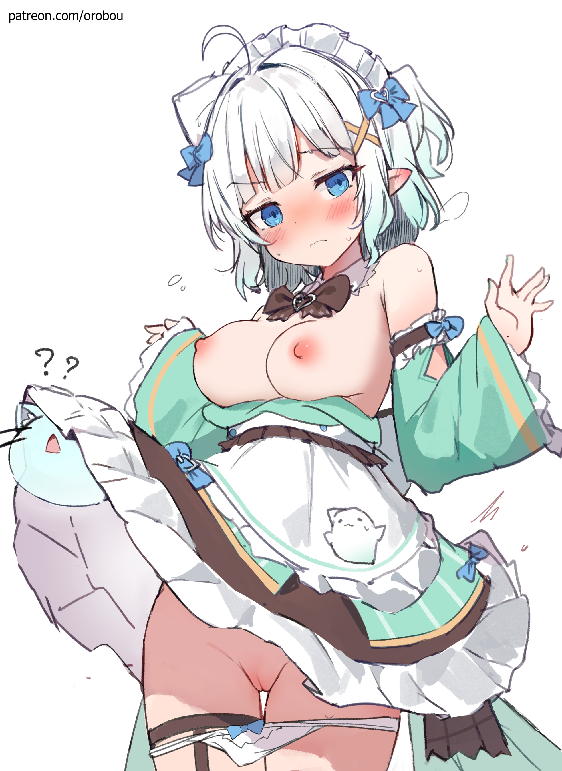 breasts garter indie_virtual_youtuber maid mint_fantome nipples no_bra orobou pantsu panty_pull pointy_ears pussy skirt_lift uncensored