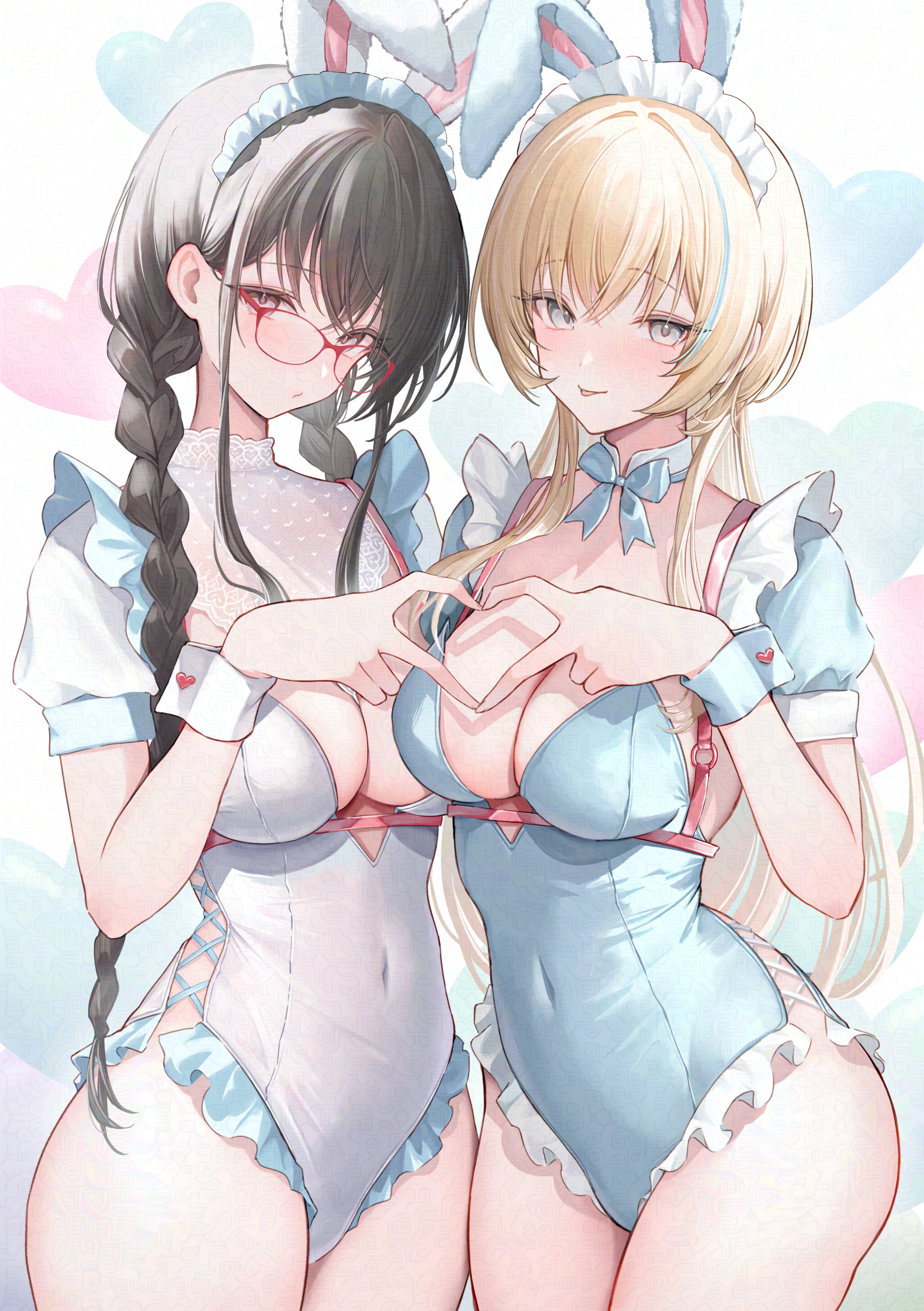 adversarial_noise animal_ears bunny_ears bunny_girl huziko maid megane no_bra