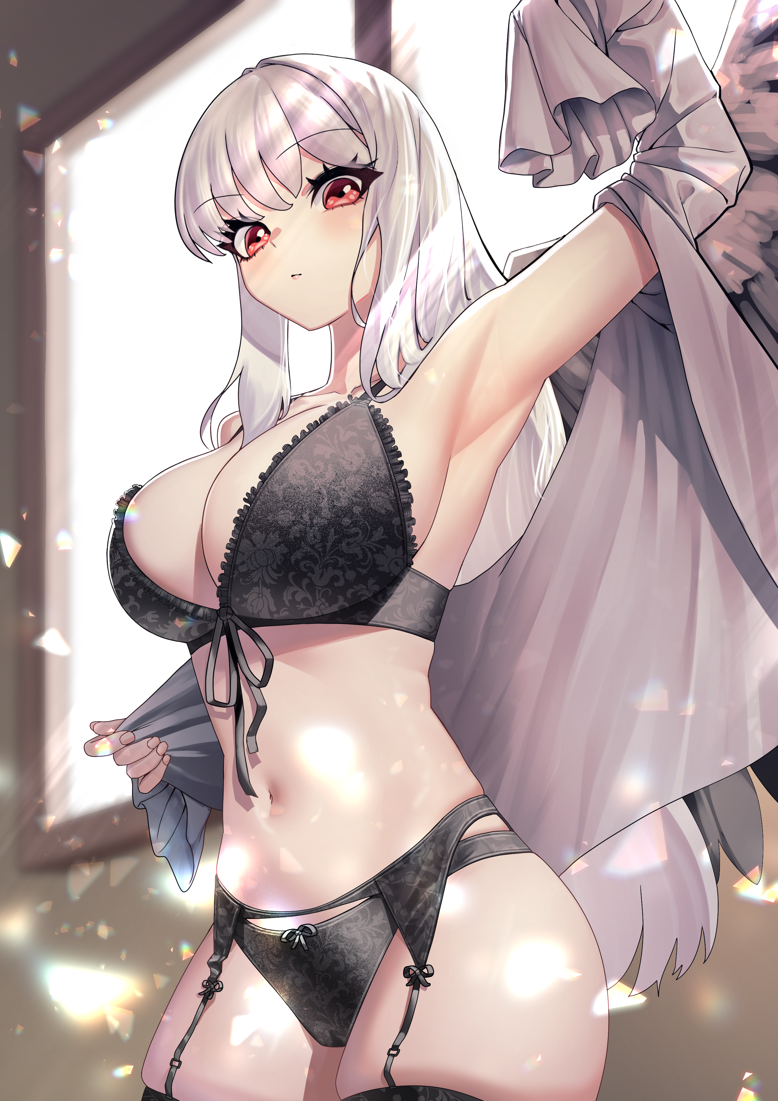 bra garter_belt lingerie open_shirt pantsu stockings tagme thighhighs undressing wings