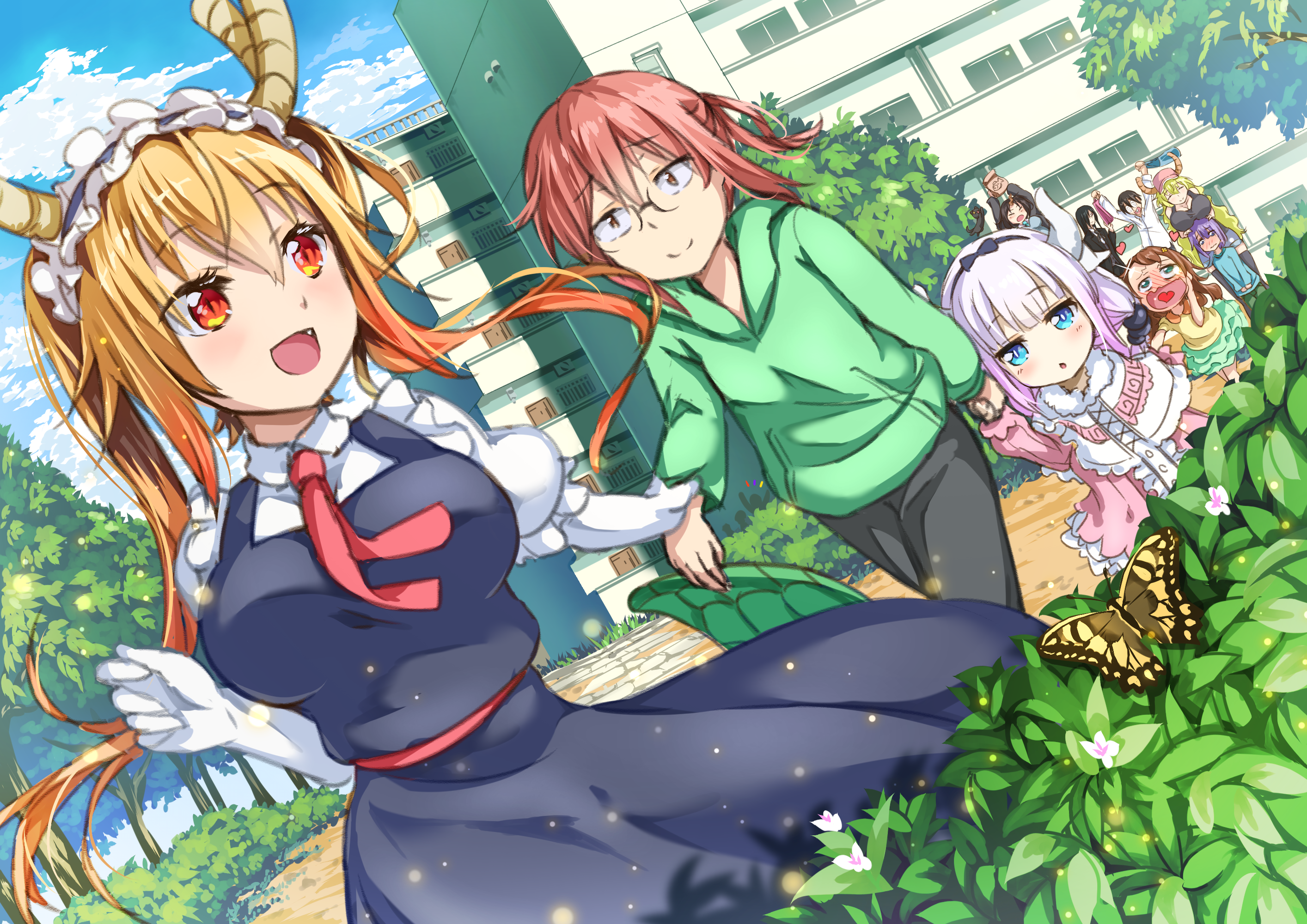 elma_(maidragon) fafnir_(maidragon) hellnyaa horns kanna_kamui kobayashi-san_chi_no_maidragon kobayashi_(maidragon) magatsuchi_shouta maid megane quetzalcoatl_(maidragon) saikawa_riko tail tooru_(maidragon)