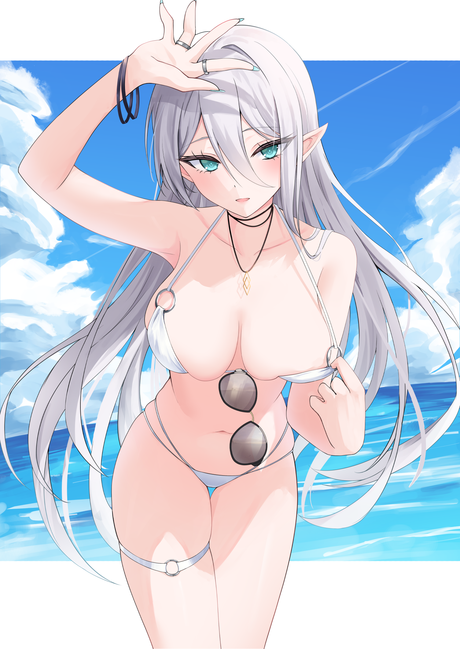 bikini elf garter megane mikoto_paint pointy_ears swimsuits undressing