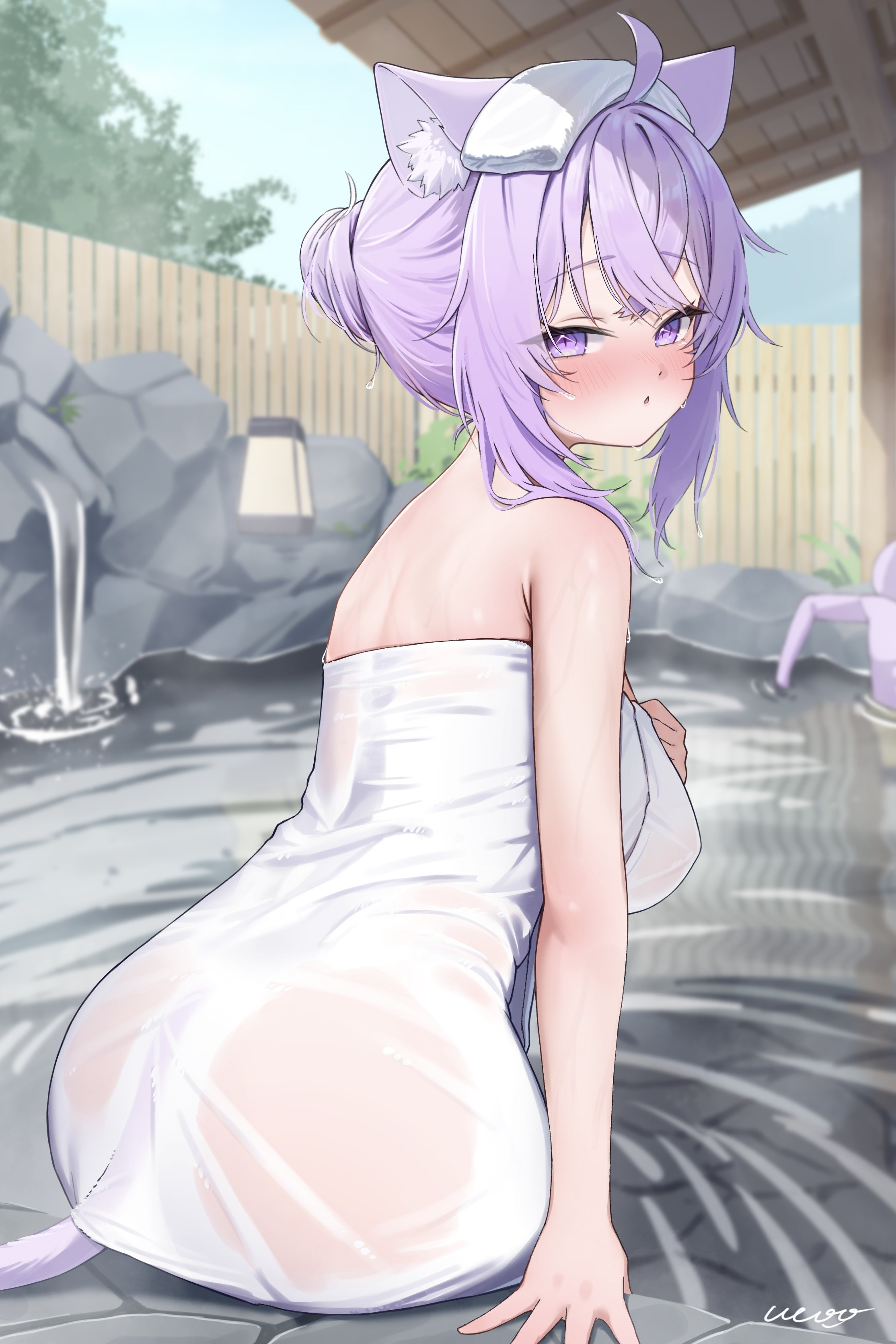 ai_(u_e_o_o) animal_ears hololive hololive_gamers nekomata_okayu nekomimi onsen see_through tail towel wet