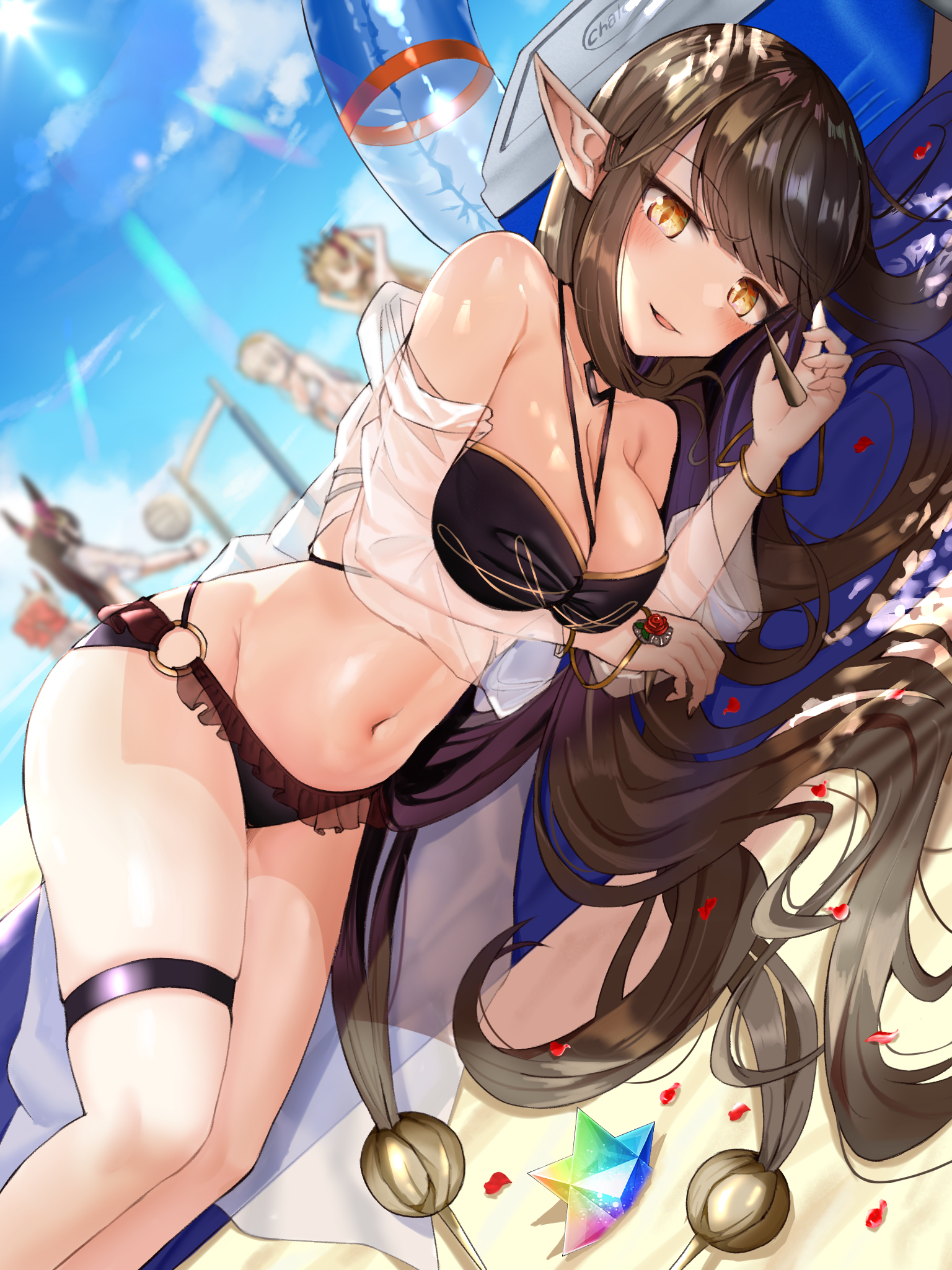 bikini boo_iro fate/grand_order garter open_shirt pointy_ears see_through semiramis_(fate) swimsuits