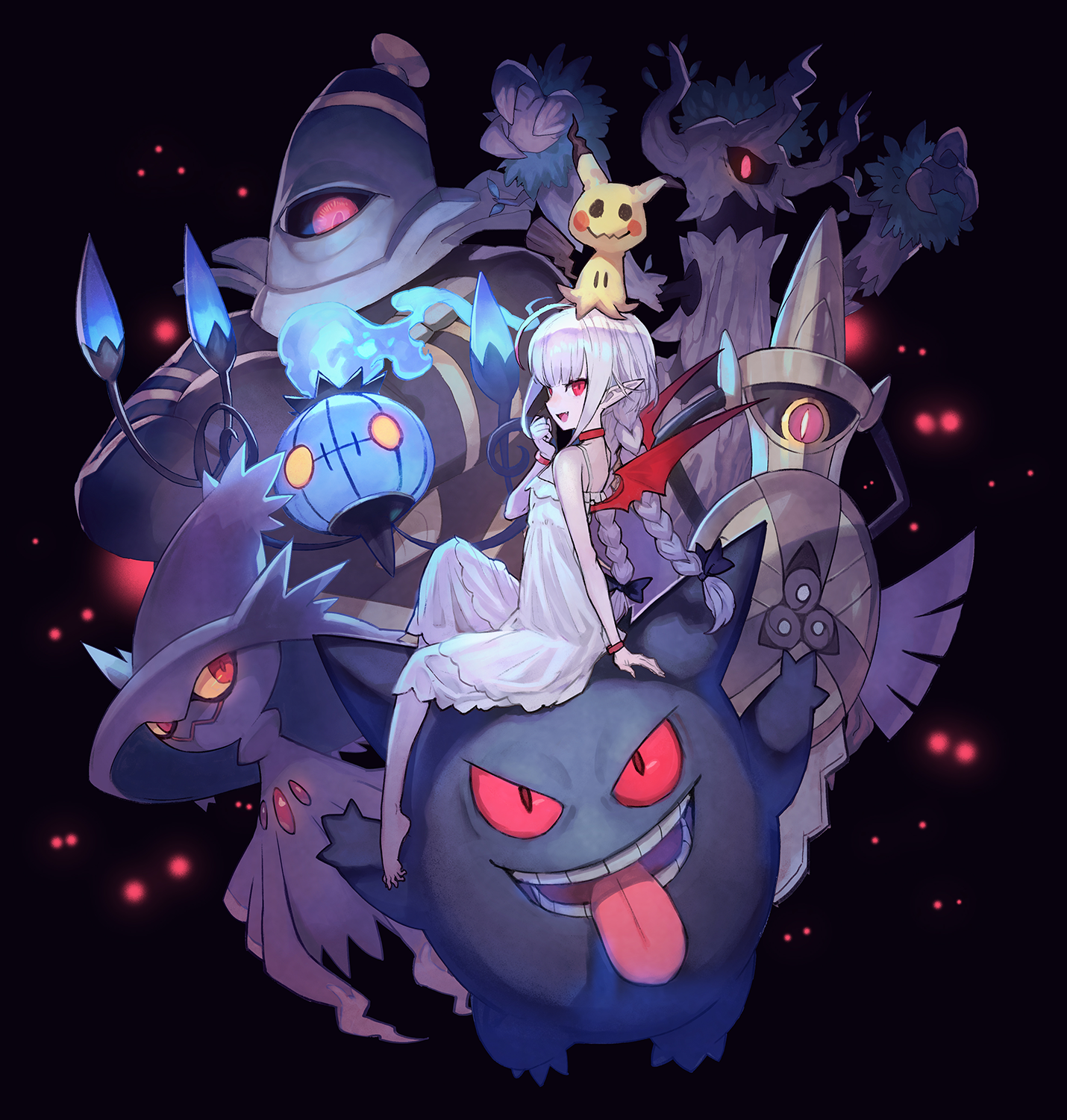 aegisalsh chandelure dress dusknoir gengar lack makaino_ririmu mimikyu mismagius nijisanji nijisanji_gamers pointy_ears pokemon trevenant wings