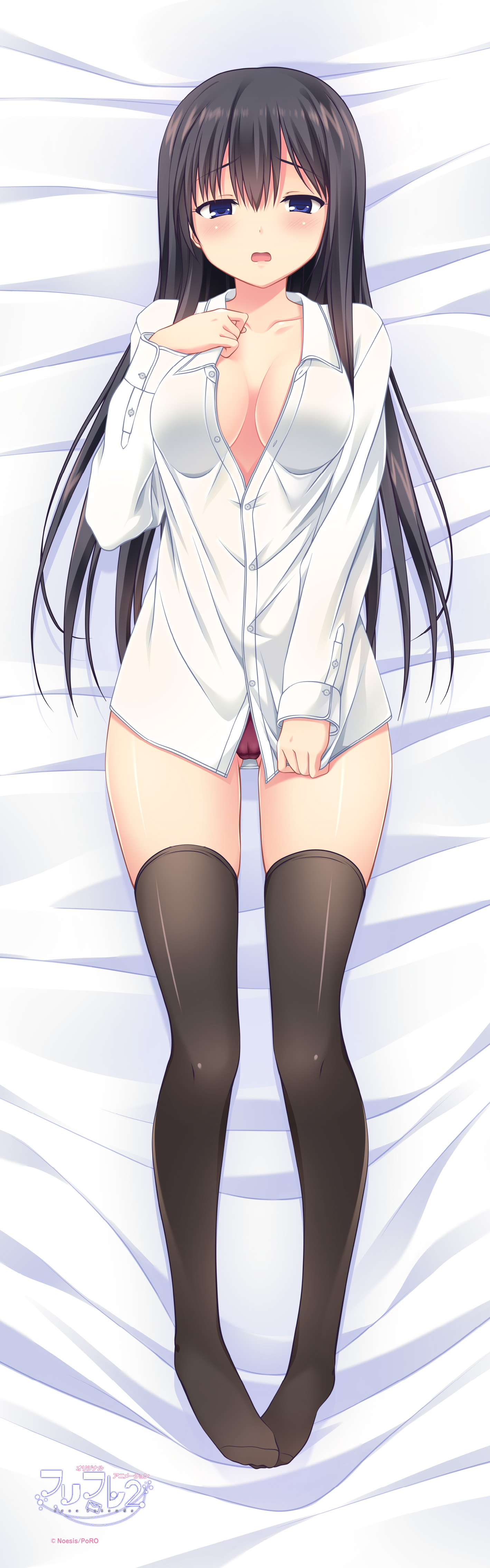 cameltoe cleavage dakimakura dress_shirt no_bra open_shirt pantsu poro tagme thighhighs
