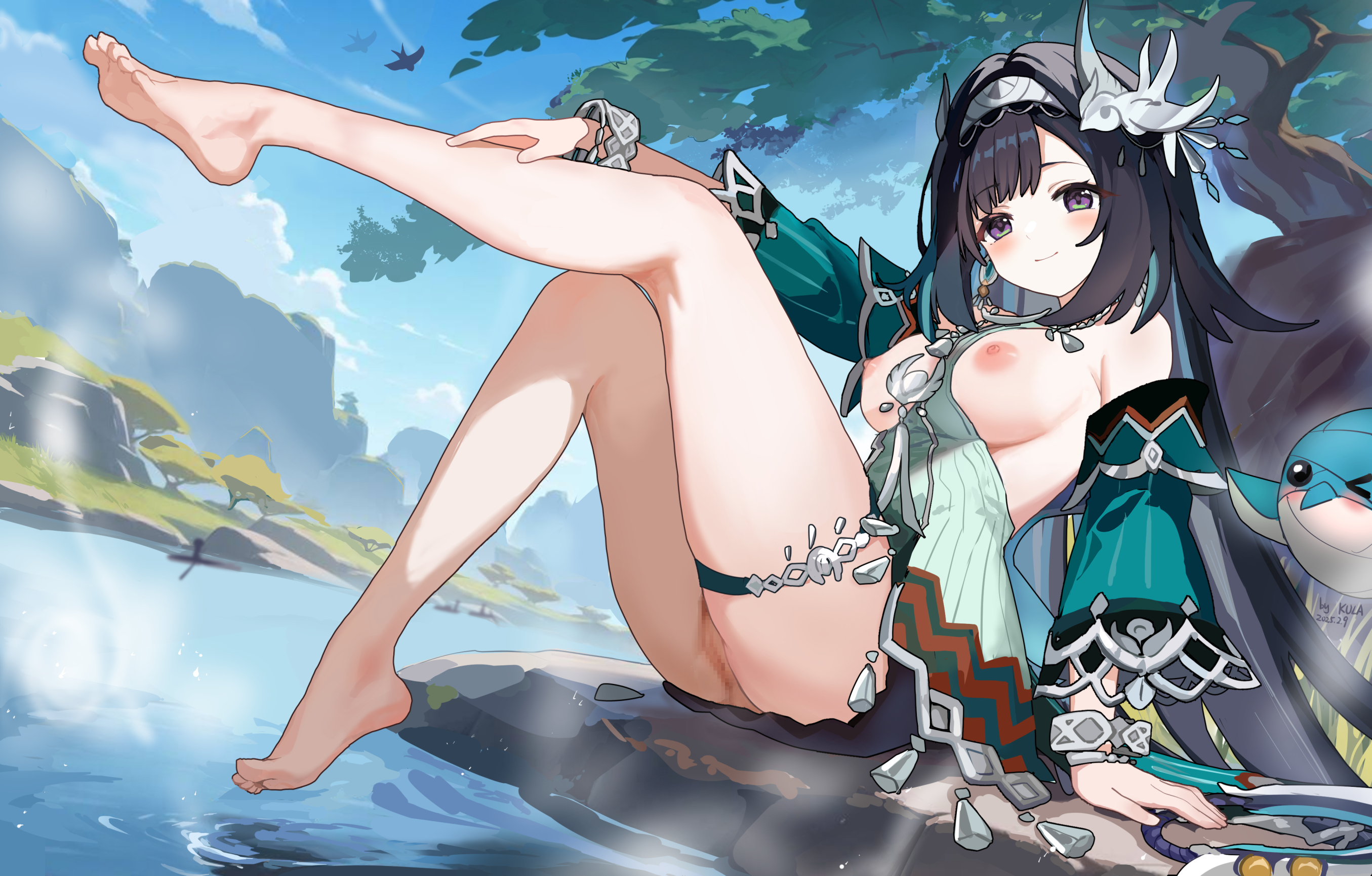 breasts censored feet garter genshin_impact kkkula lan_yan nipples no_bra nopan pussy skirt_lift