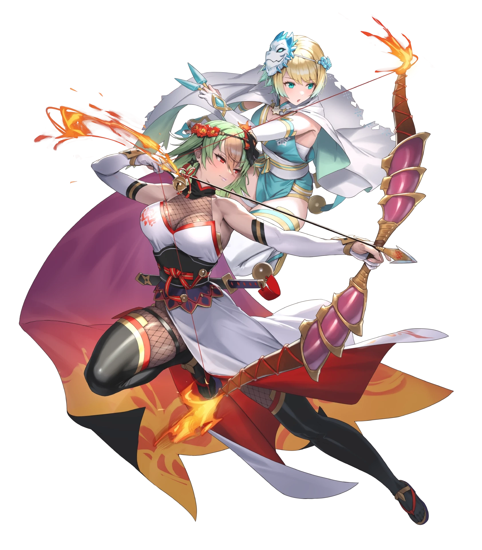 cleavage cuboon fire_emblem fire_emblem_heroes fishnets fjorm_(fire_emblem) garter laegjarn ninja nintendo no_bra sarashi thighhighs weapon