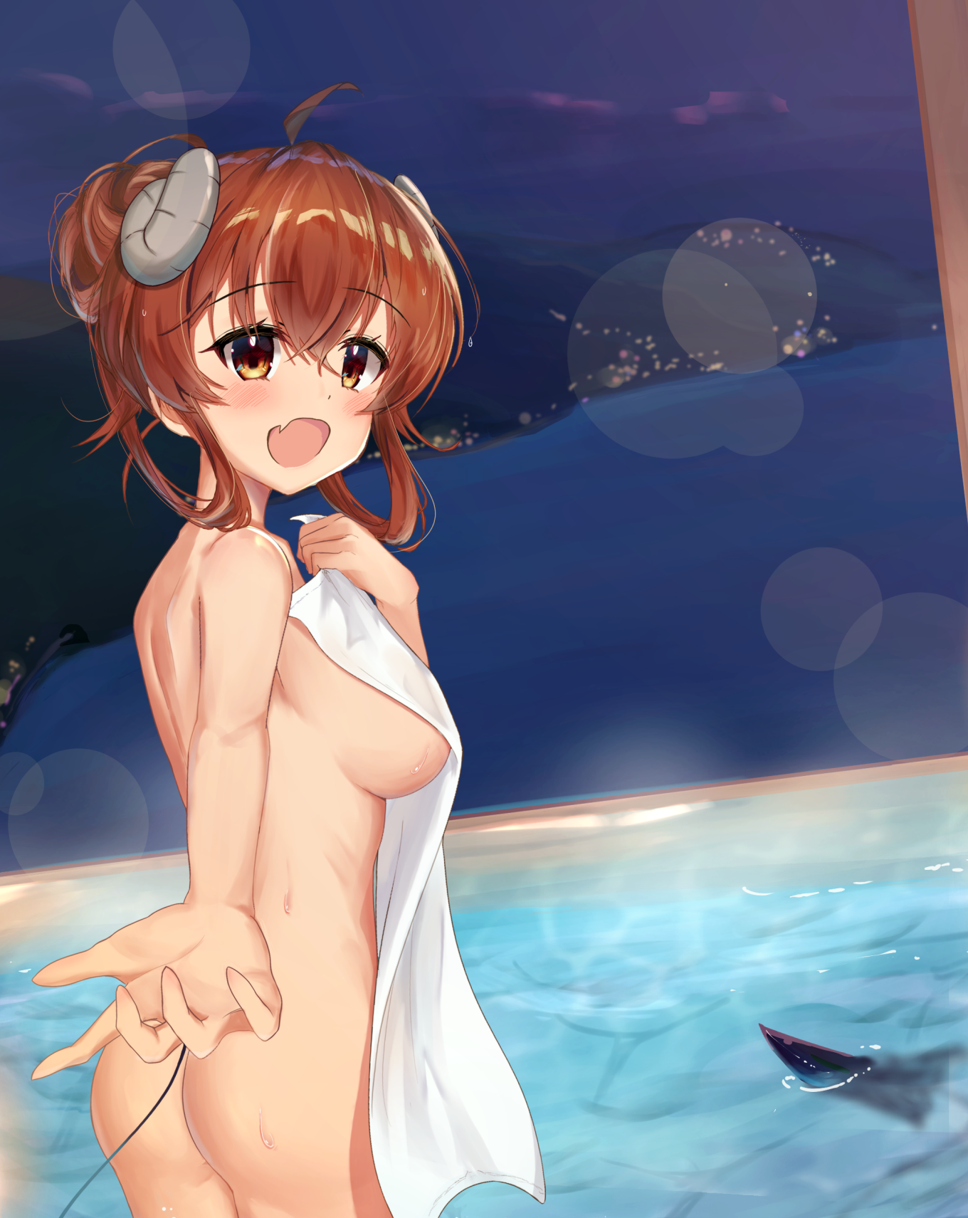 ass horns machikado_mazoku naked suzushi_moruto tail towel yoshida_yuuko_(machikado_mazoku)