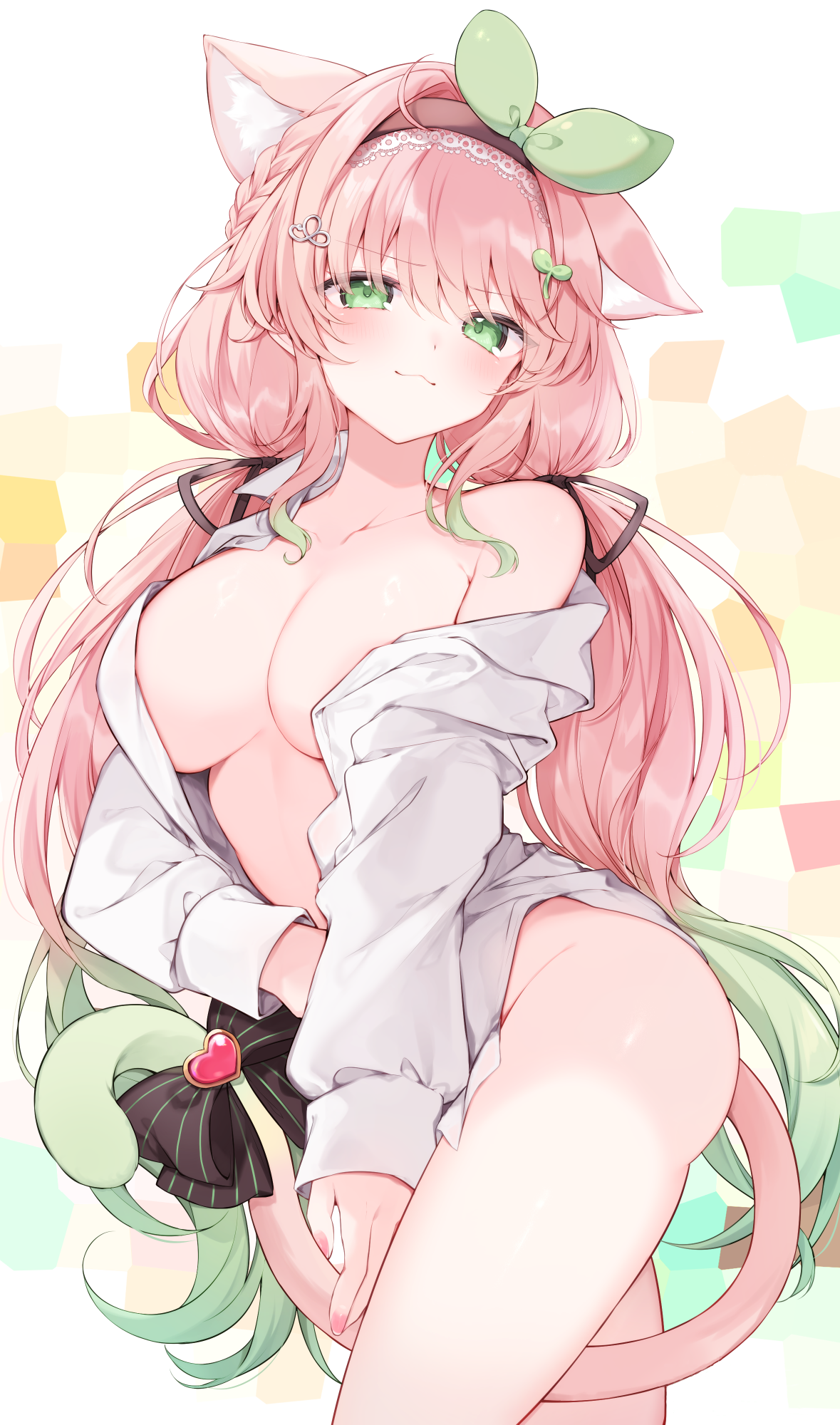 animal_ears bottomless detexted dress_shirt fukunoki_tokuwa futaba_iyo indie_virtual_youtuber nekomimi no_bra open_shirt tail