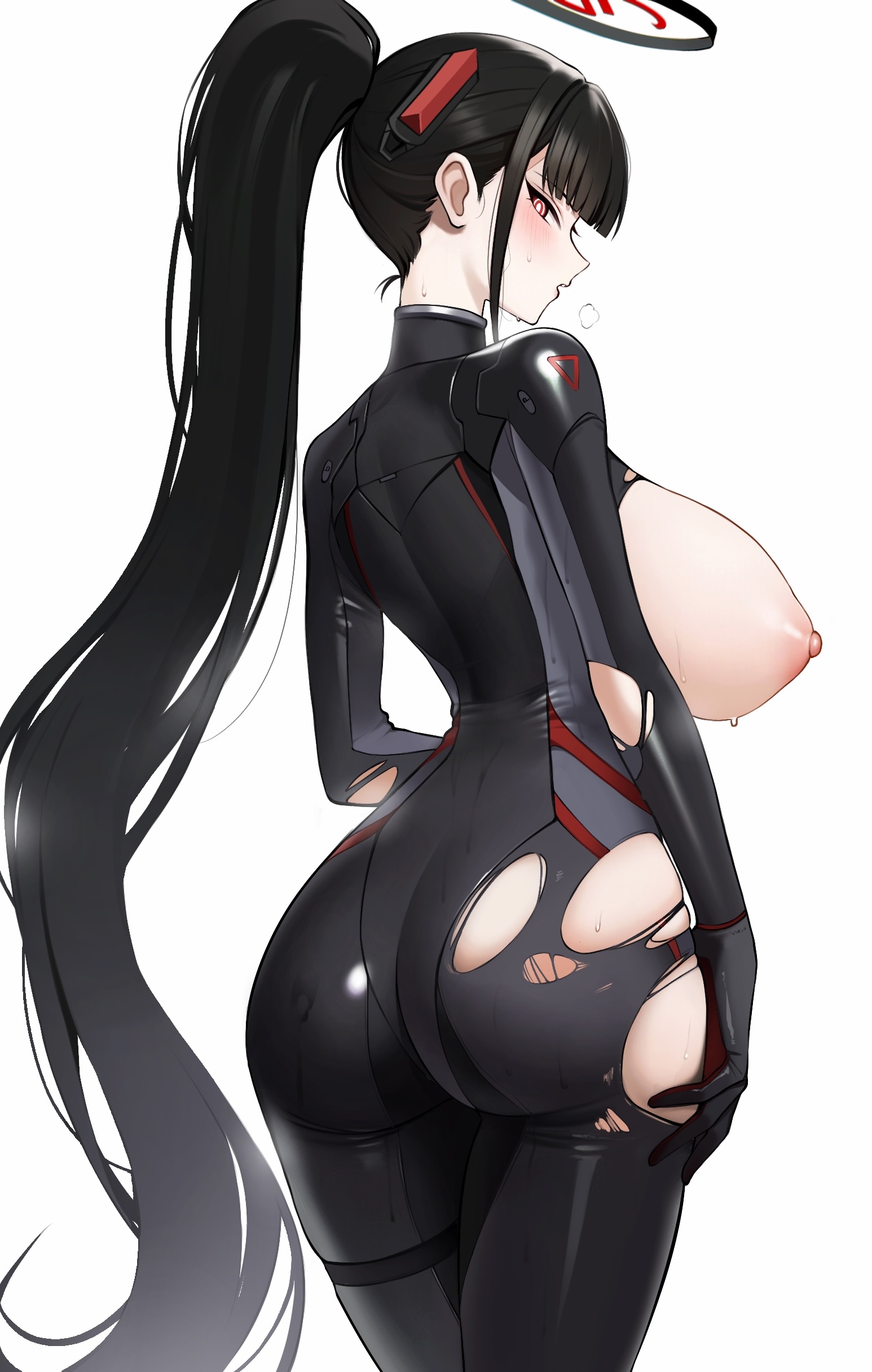ass ateoyh blue_archive bodysuit breasts halo nipples no_bra torn_clothes tsukatsuki_rio