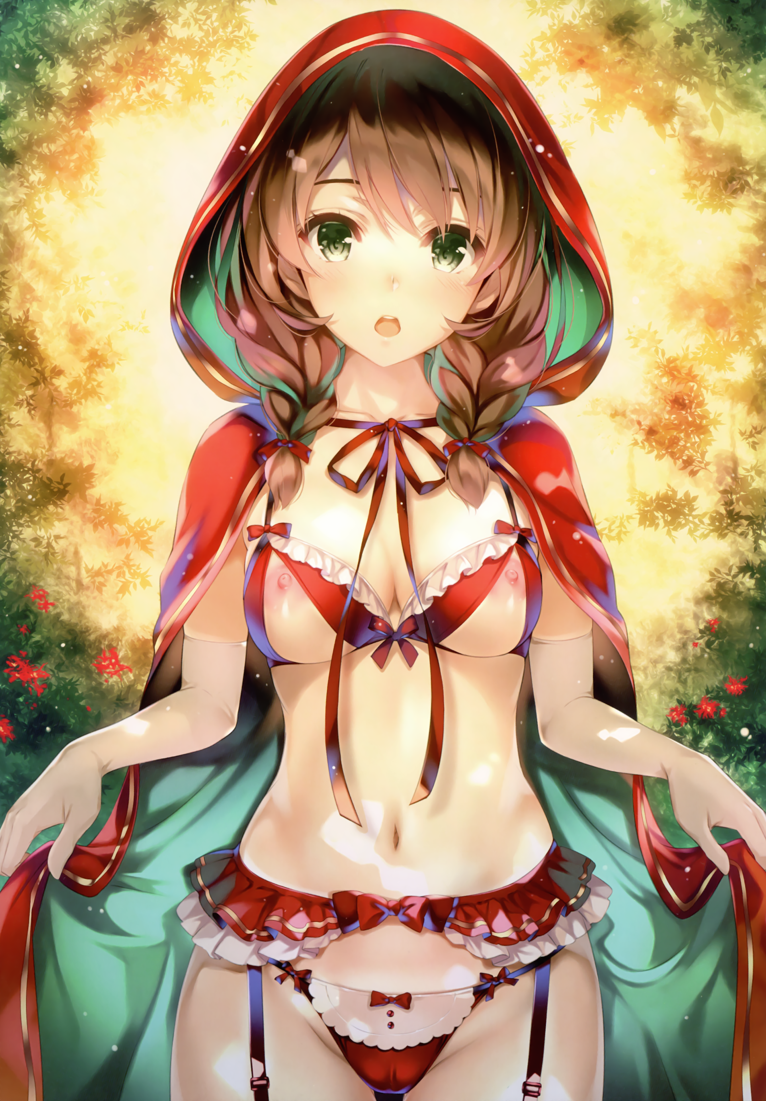 bra cameltoe comic_aun garter_belt lingerie little_red_riding_hood_(character) misaki_kurehito nipples pantsu