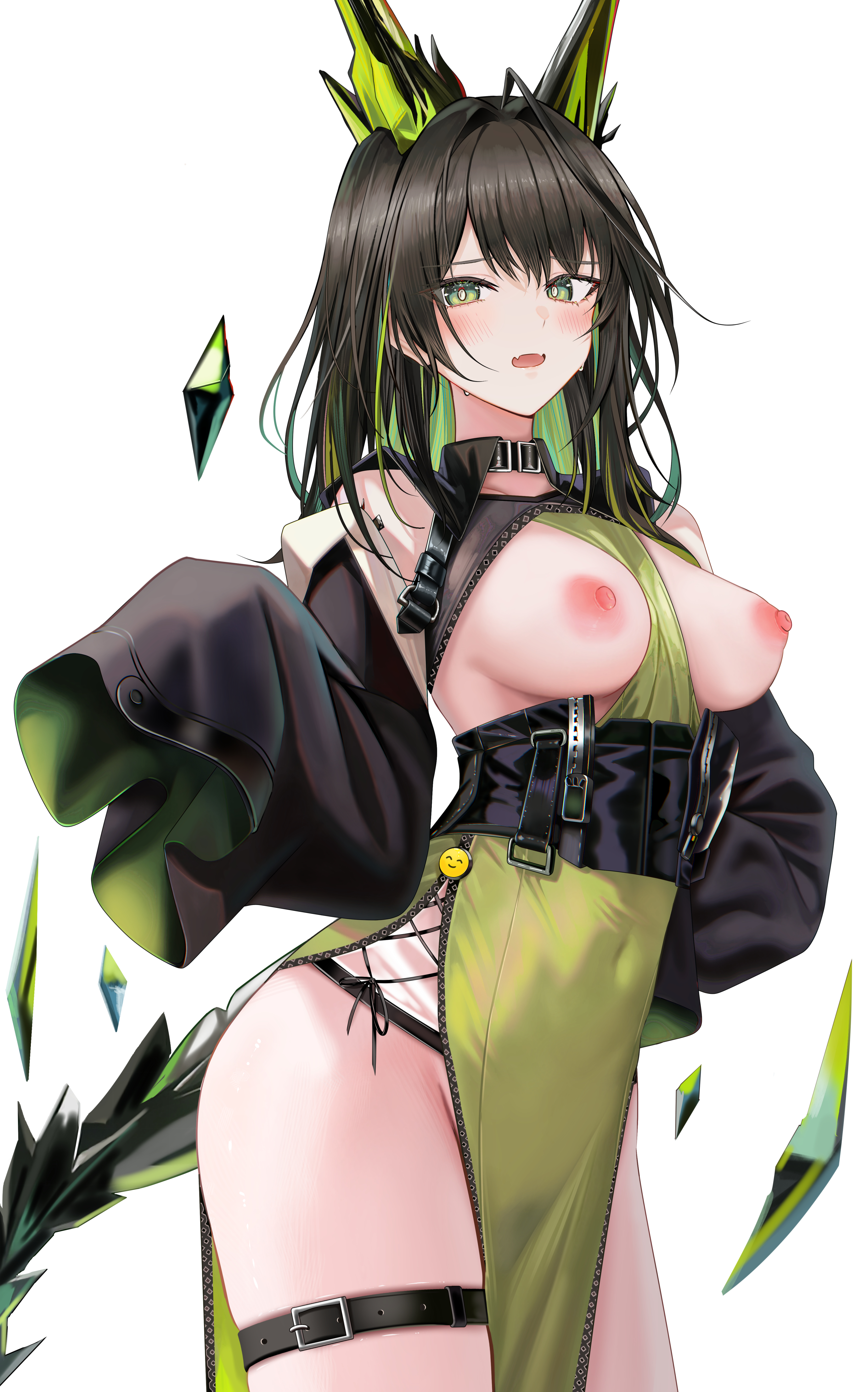 arknights breasts dress garter horns mon3tr nipples no_bra nopan ru_zhai see_through tail