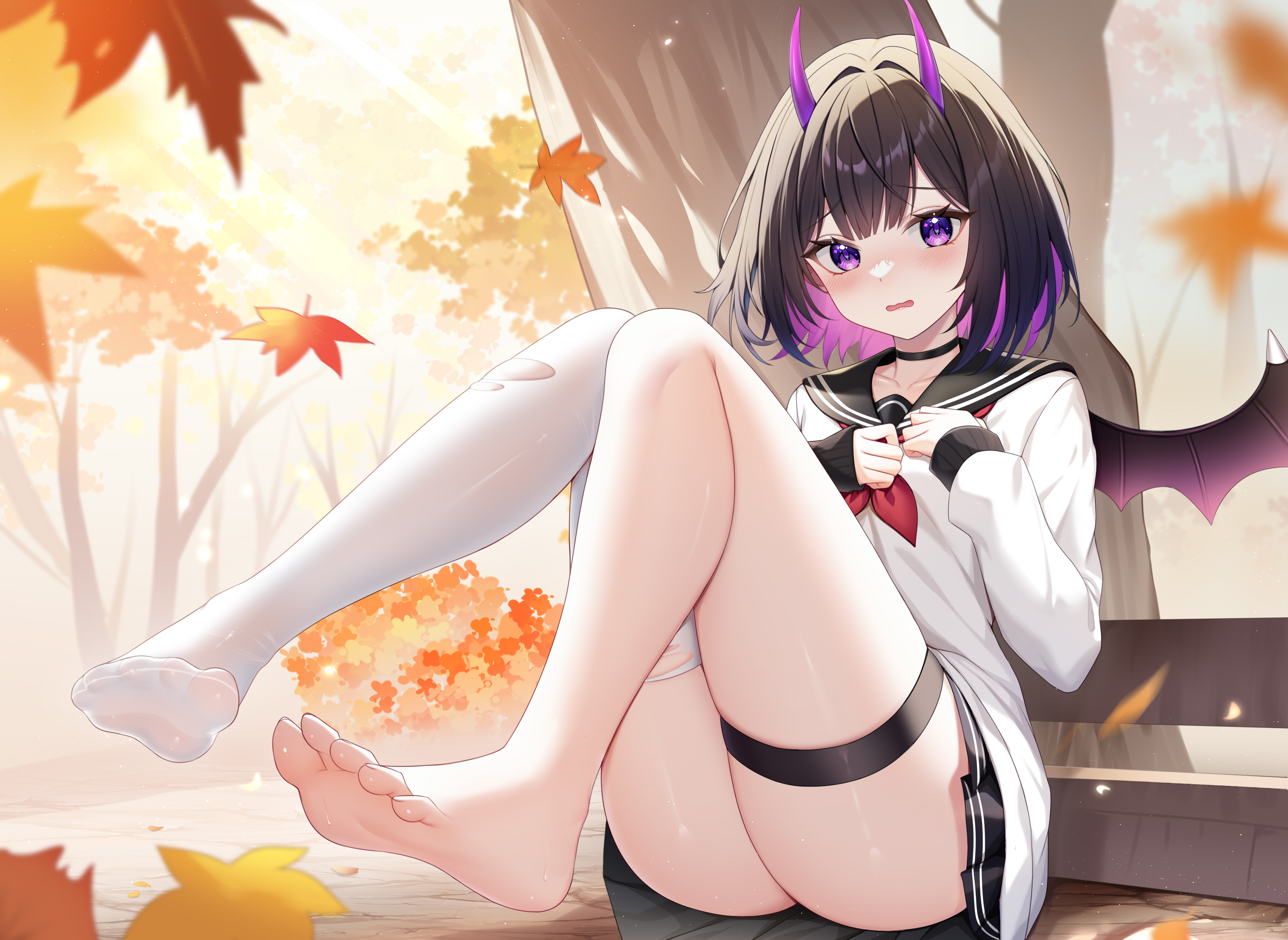 bencao_gangmu_(anquan_sy) feet garter horns see_through seifuku skirt_lift thighhighs torn_clothes wings