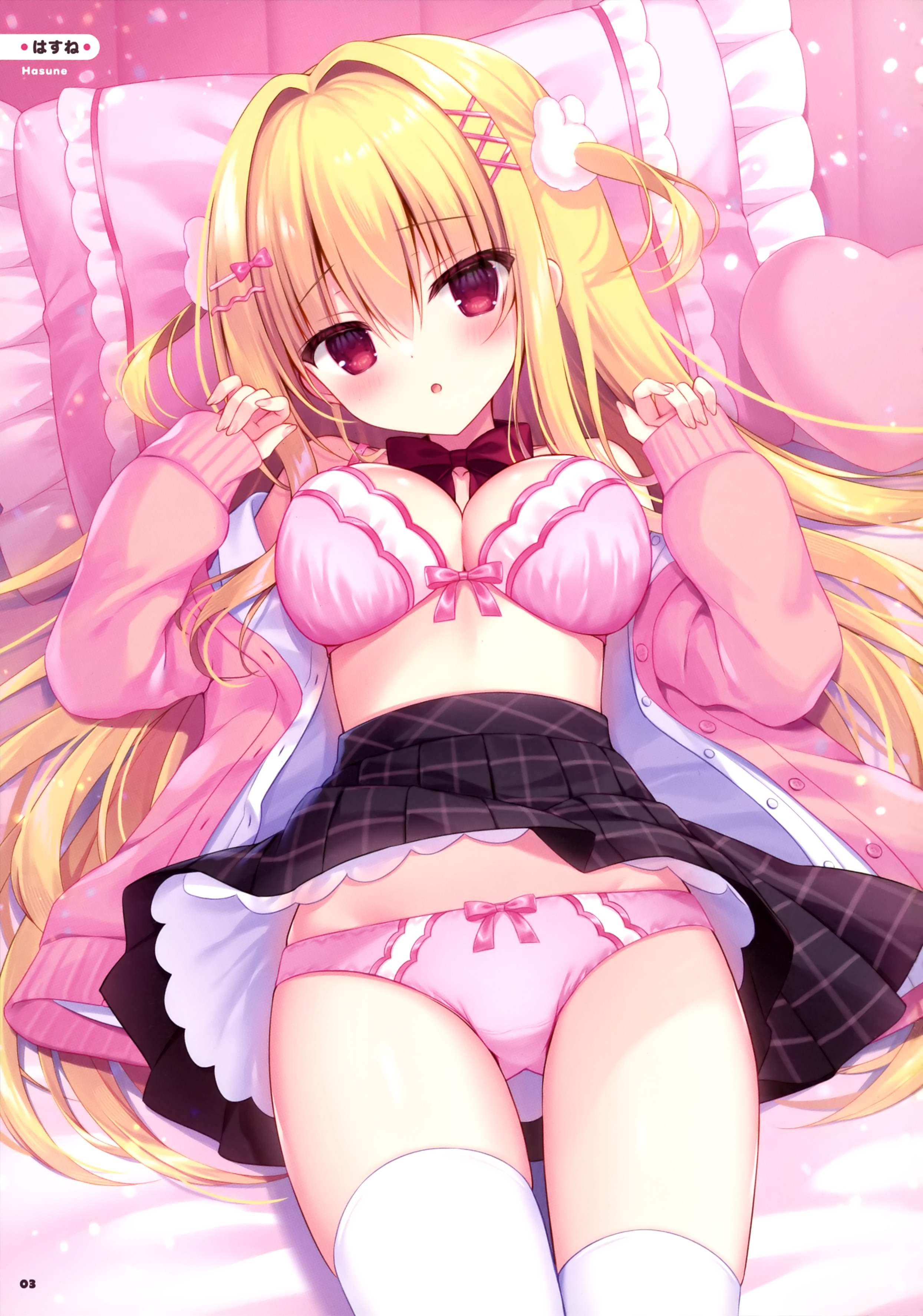 bra hasune open_shirt pantsu seifuku skirt_lift sweater thighhighs