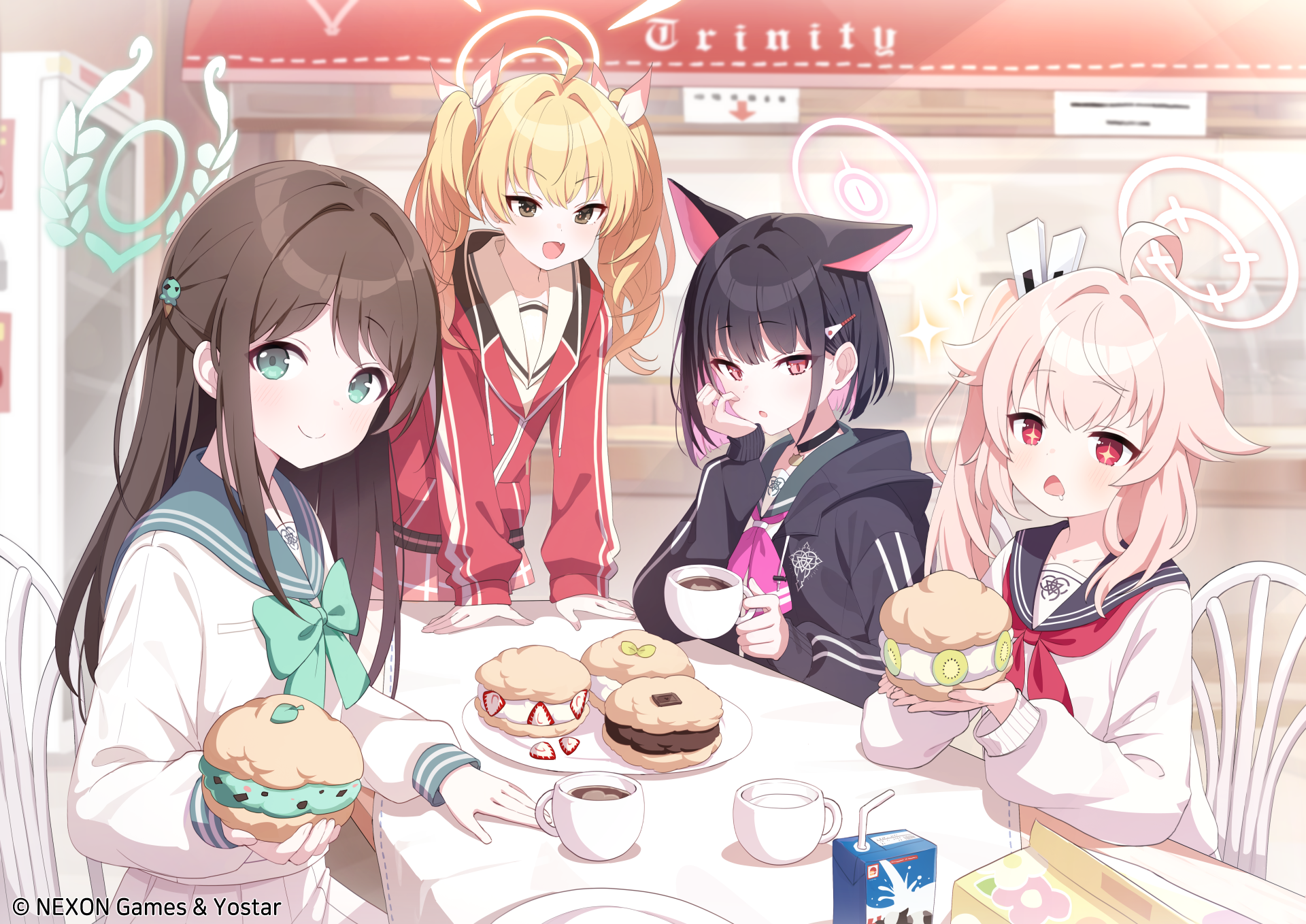 animal_ears blue_archive halo ibaragi_yoshimi kurimura_airi kyouyama_kazusa misyune nekomimi seifuku sweater yutori_natsu