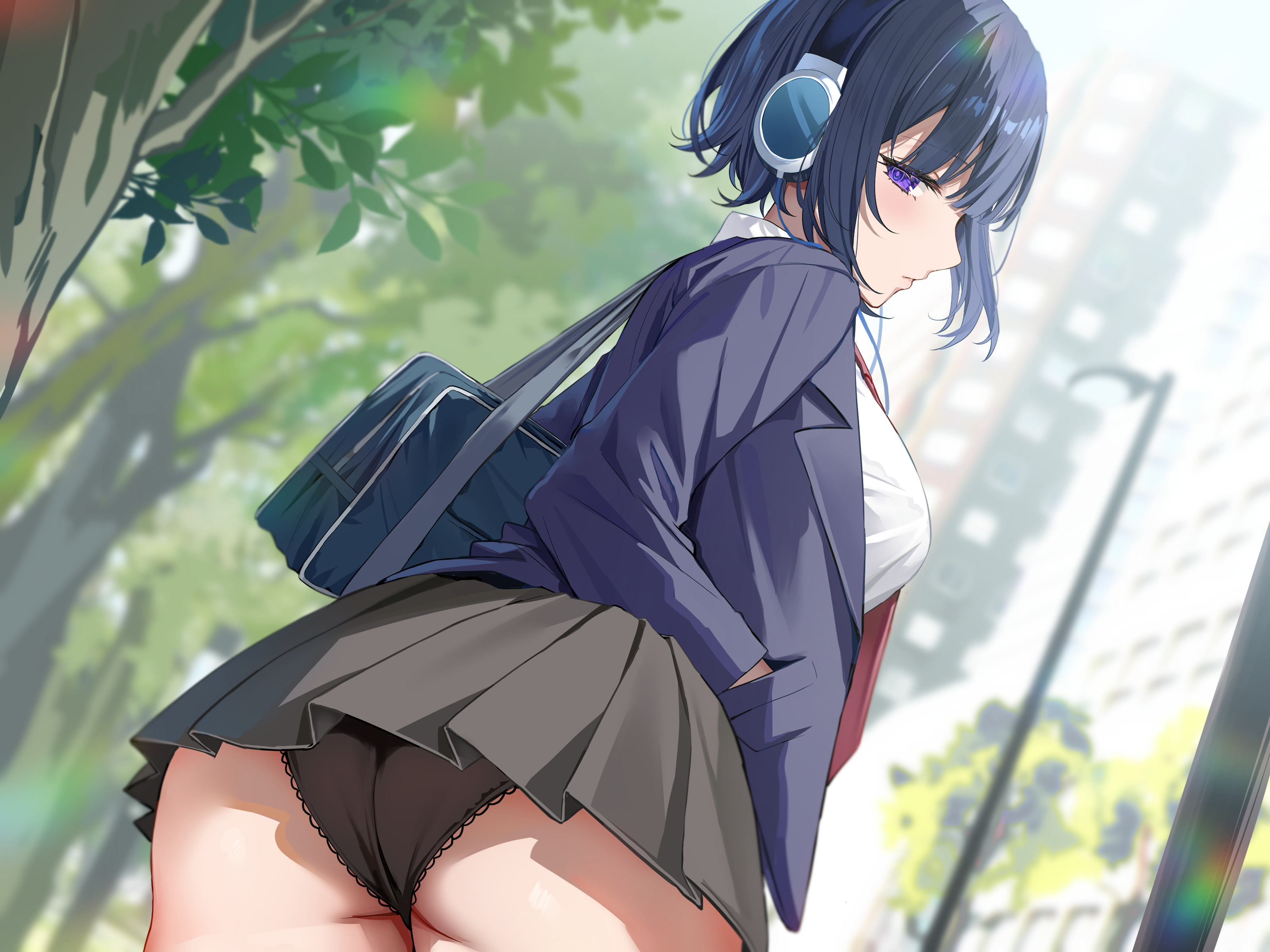 ass bra headphones hizuki_higure pantsu see_through seifuku skirt_lift thong