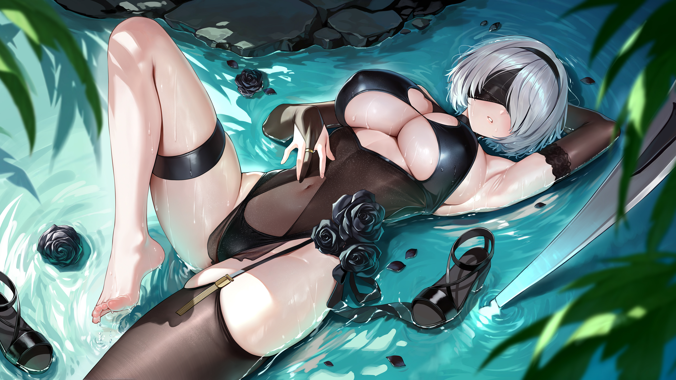 erect_nipples feet garter meion nier nier_automata no_bra stockings thighhighs wet yorha_no.2_type_b