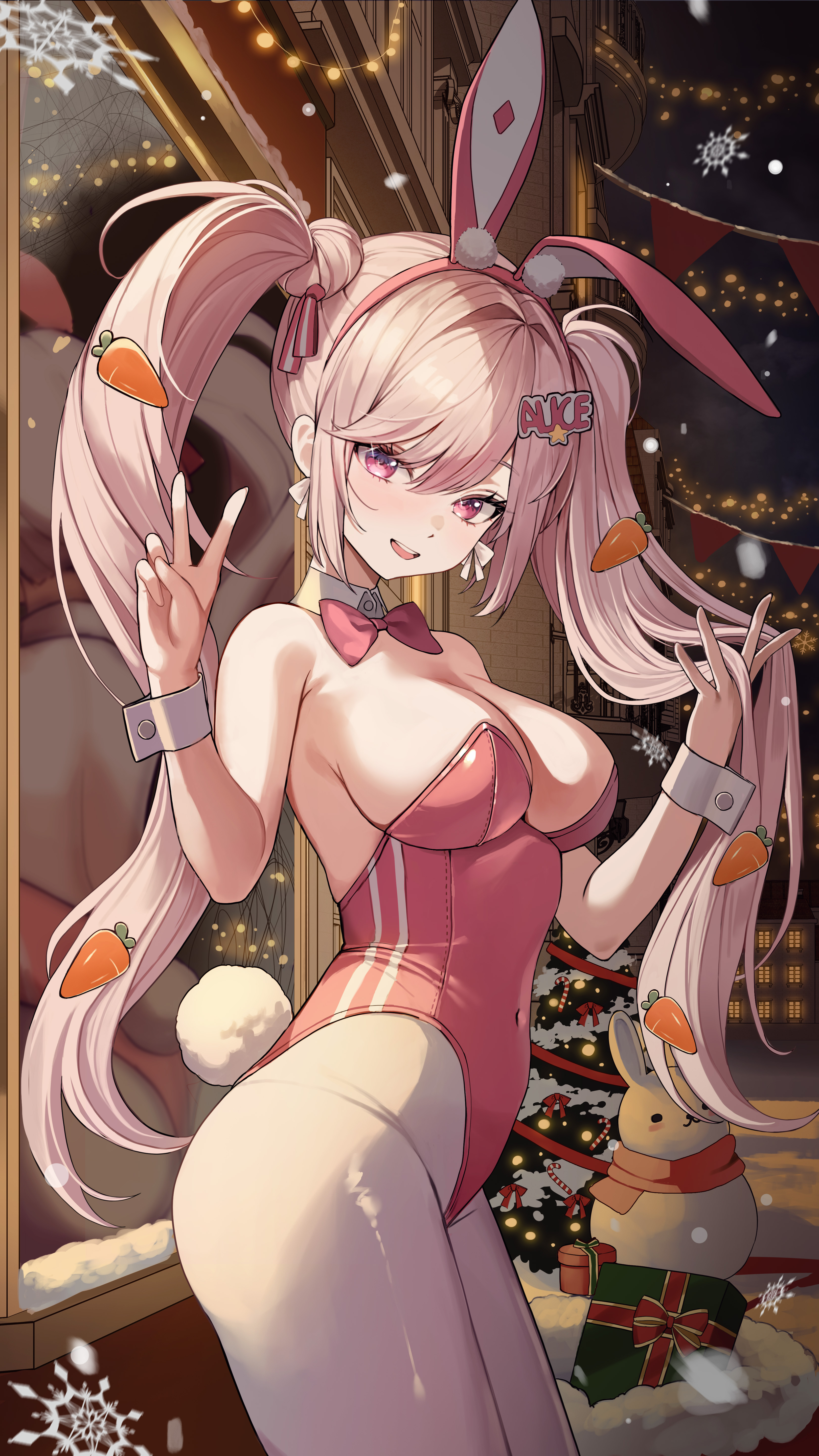 alice_(nikke) animal_ears bunny_ears bunny_girl christmas goddess_of_victory:_nikke no_bra pantyhose tail yuna_(deadawon)