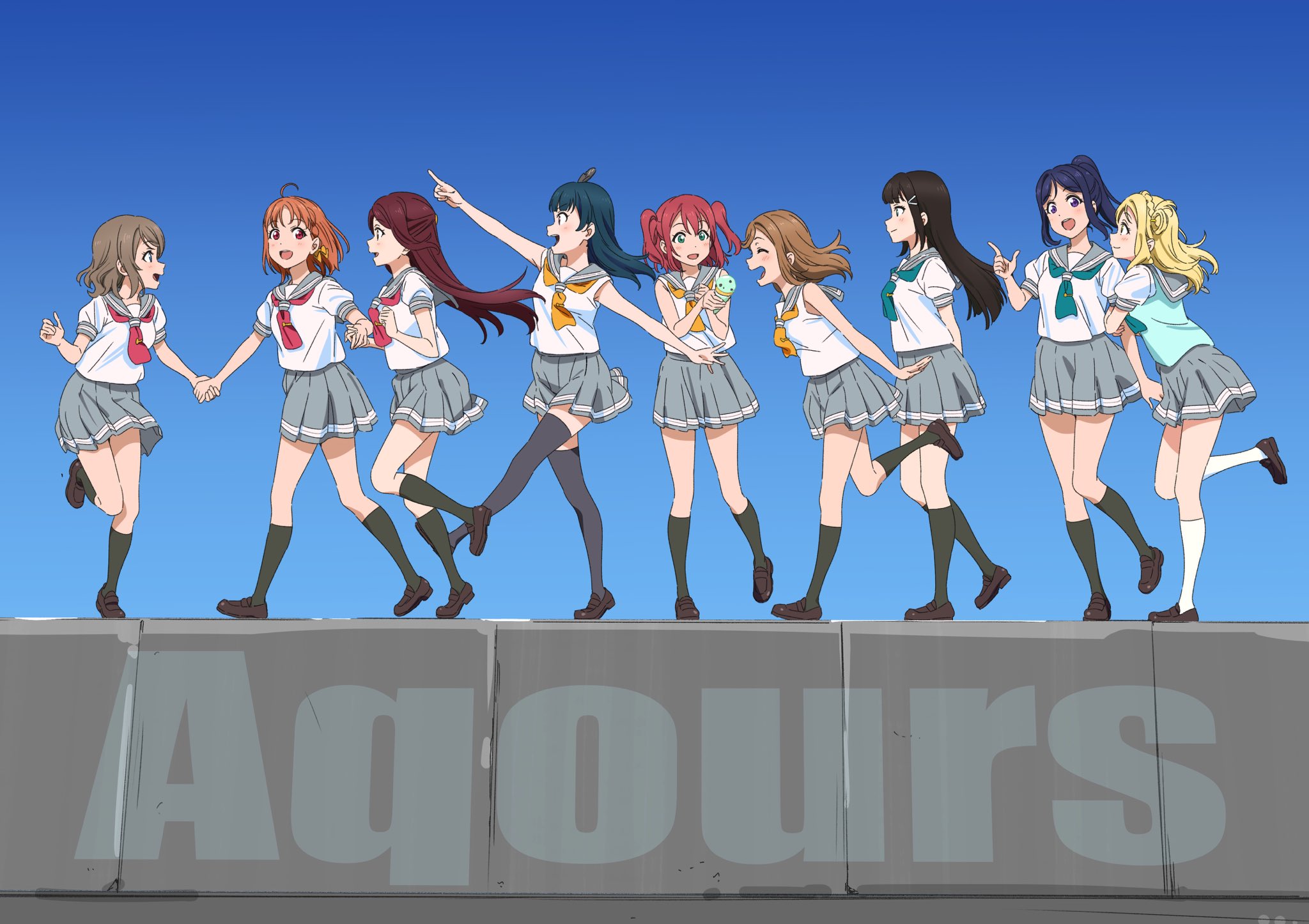 kunikida_hanamaru kurosawa_dia kurosawa_ruby love_live!_(series) love_live!_sunshine!! matsuura_kanan ohara_mari sakurauchi_riko sano_keiichi seifuku skirt_lift takami_chika thighhighs tsushima_yoshiko watanabe_you
