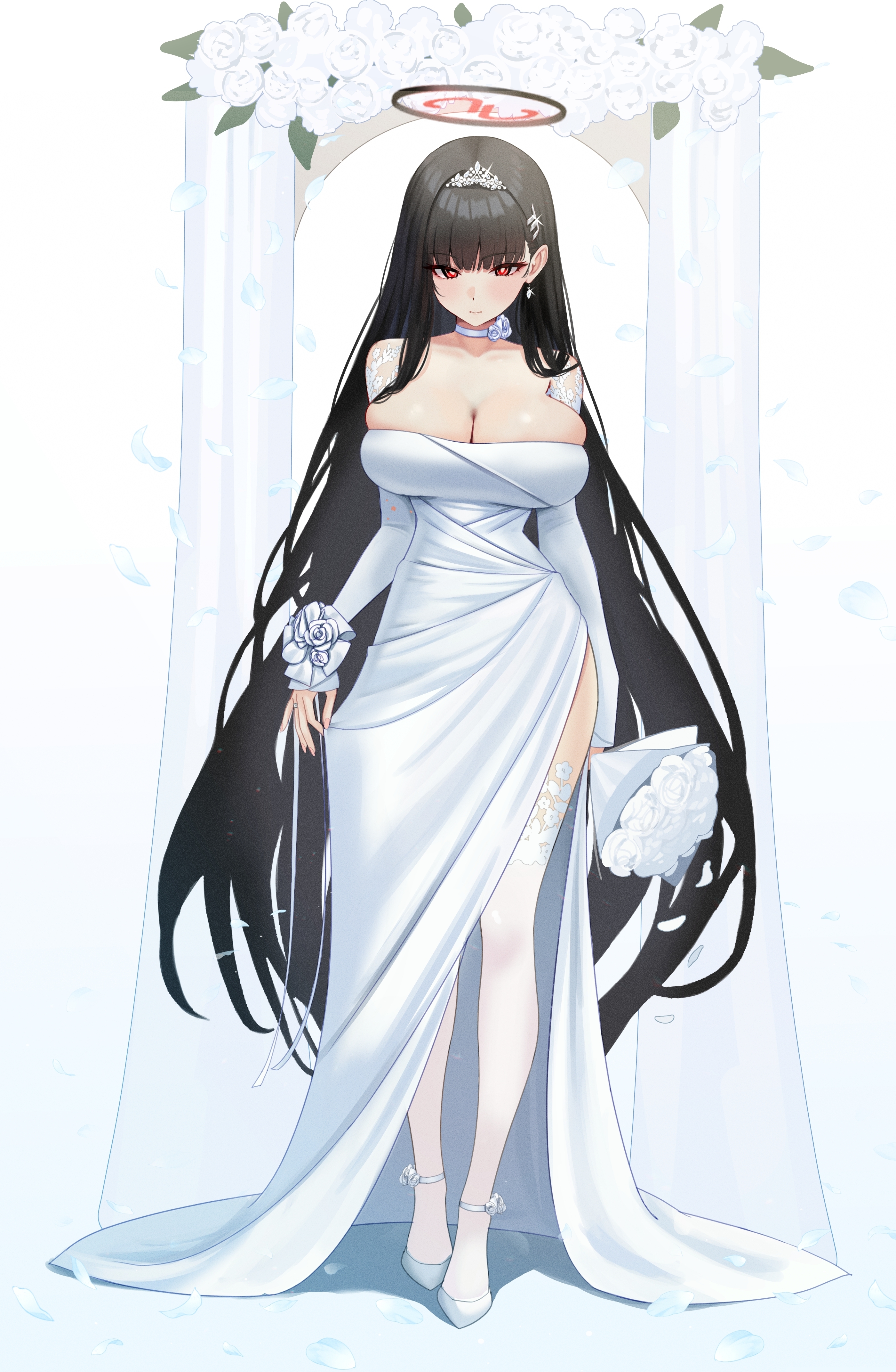 blue_archive dress halo mijikayo_(user_eyyx8247) no_bra thighhighs tsukatsuki_rio wedding_dress