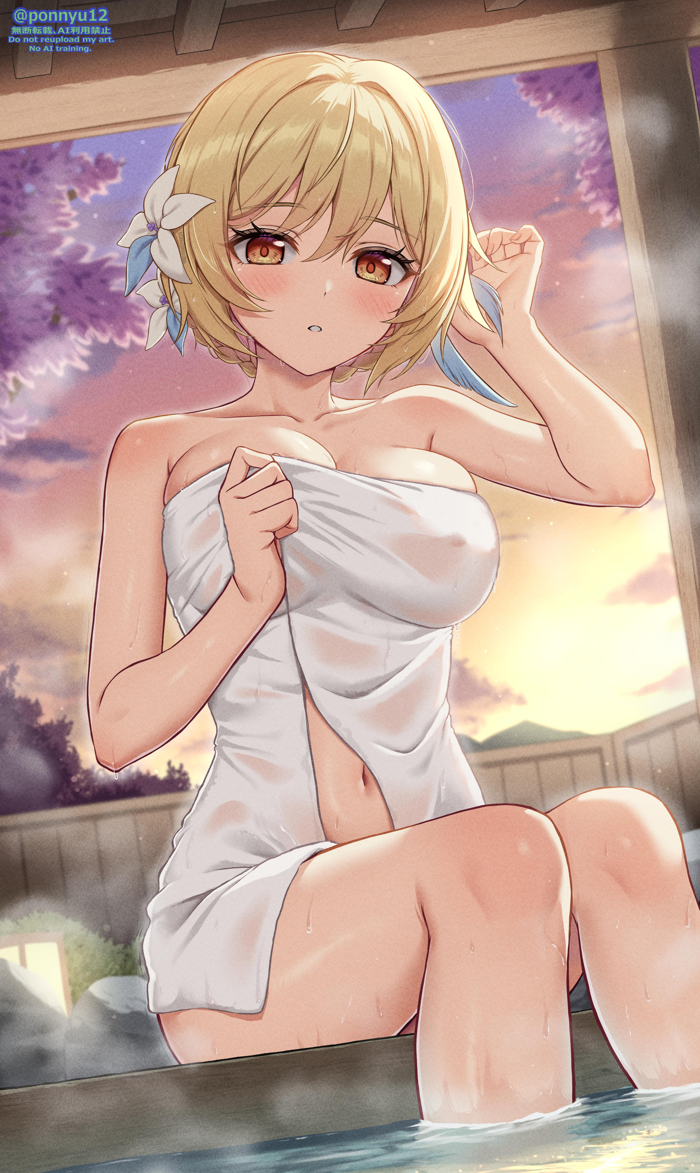 genshin_impact lumine onsen ponnyu12 see_through towel wet