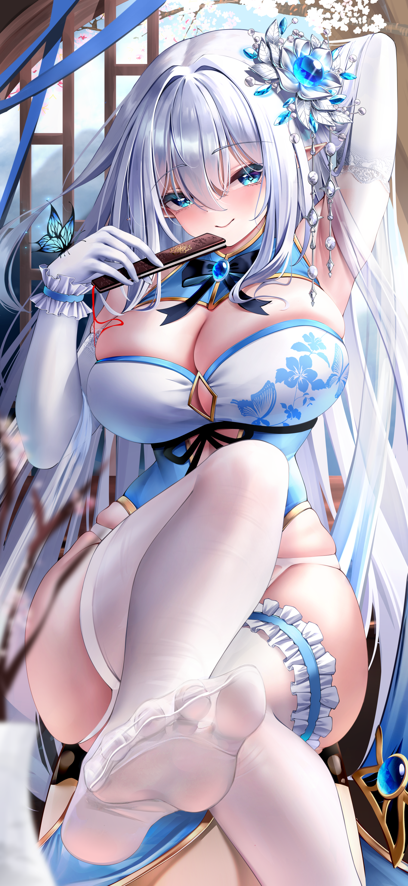 chinadress feet garter mepurin_(scarlet59833) no_bra pantsu pointy_ears stockings thighhighs