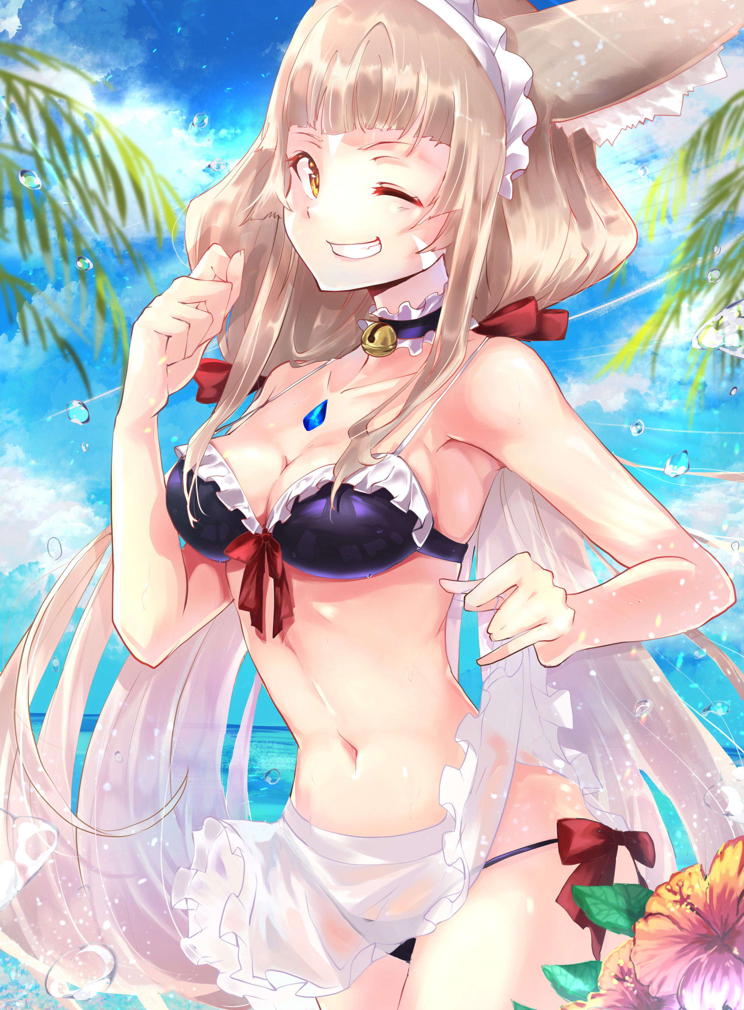 animal_ears bikini cleavage niyah niyah_(blade) risumi skirt_lift swimsuits xenoblade_(series) xenoblade_2