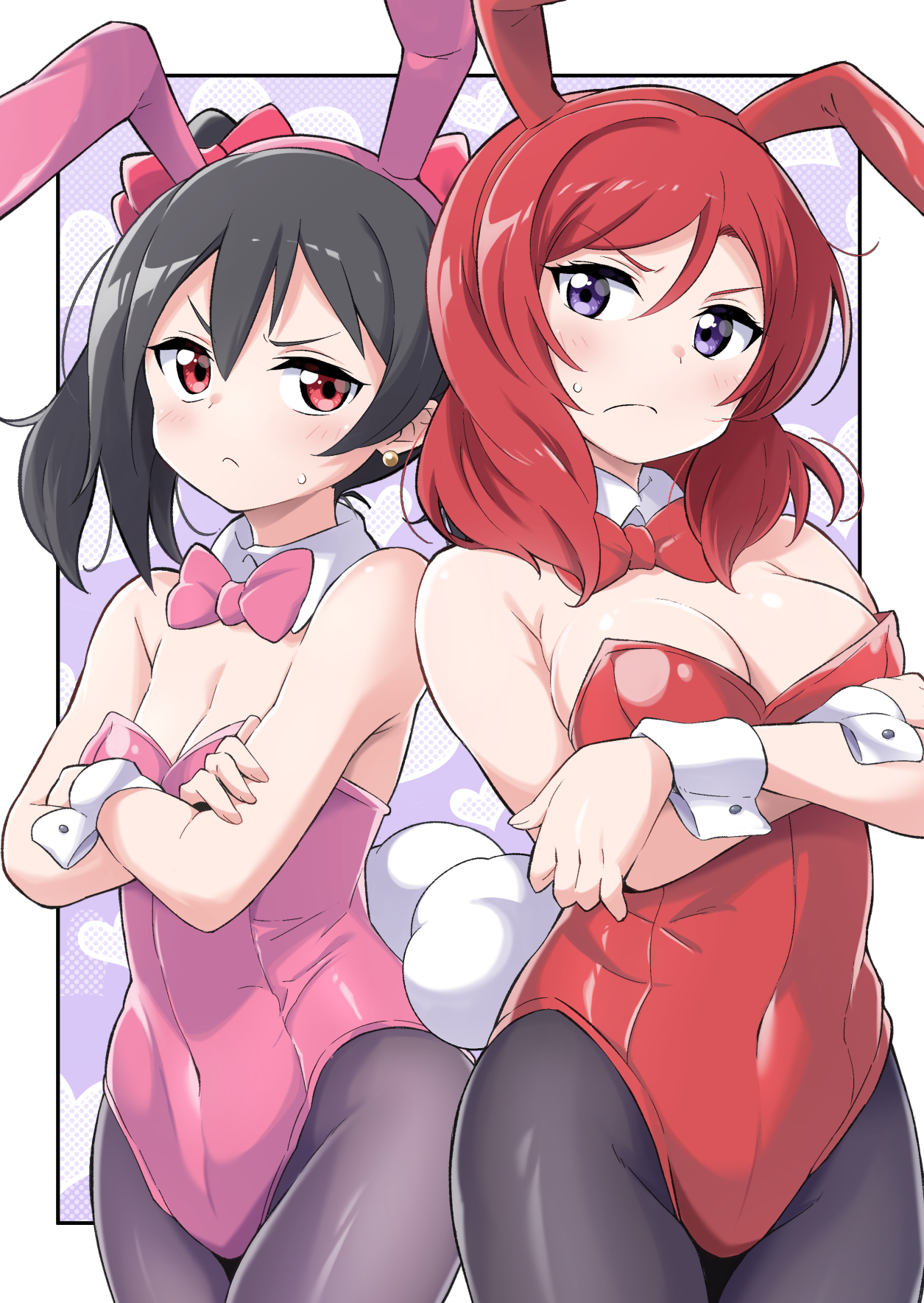 animal_ears breast_hold bunny_ears bunny_girl kirisaki_reina love_live! nishikino_maki no_bra pantyhose tail yazawa_nico