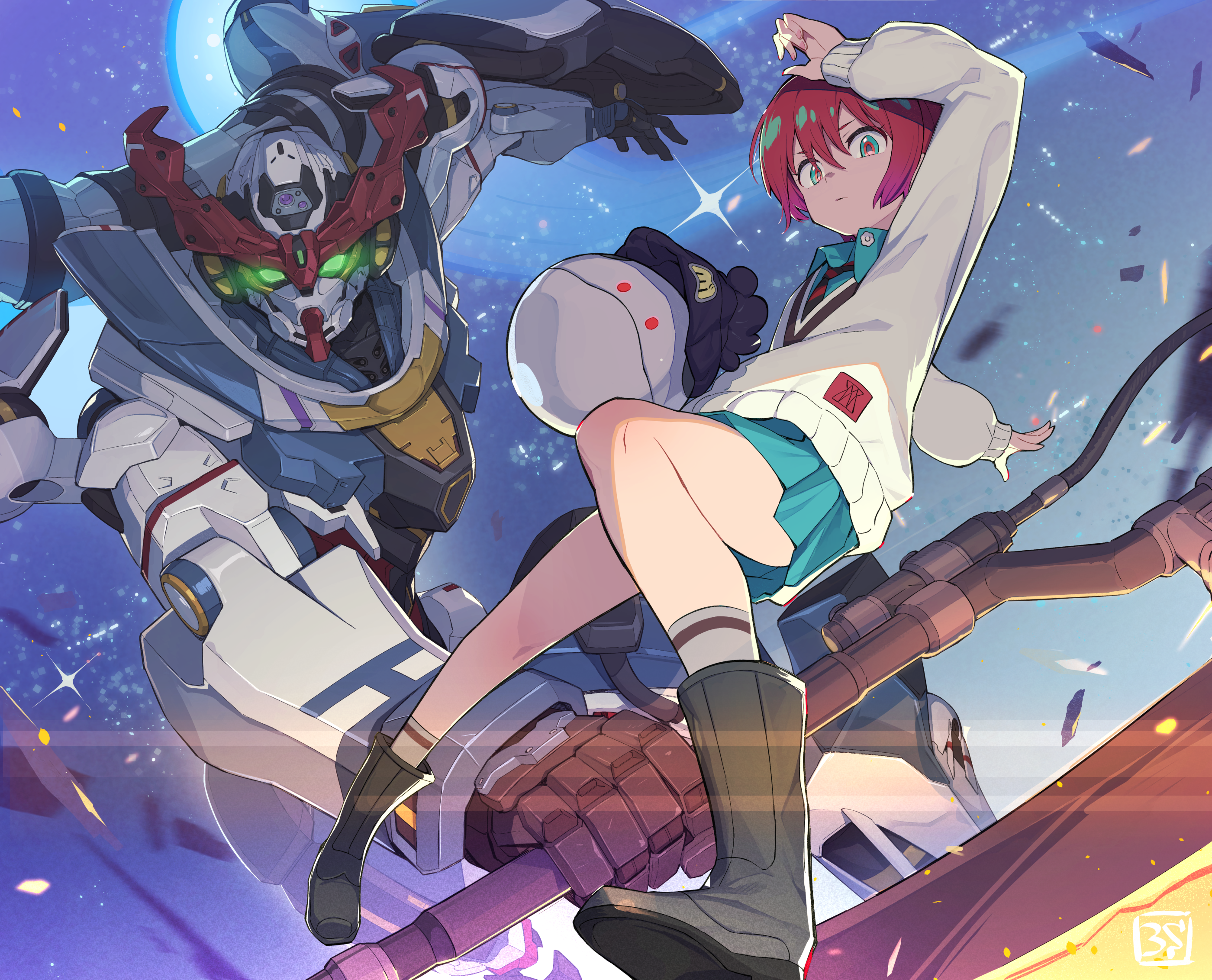 3s_(tarariko) amate_yuzuriha gquuuuuux gundam gundam_gquuuuuux mecha seifuku skirt_lift sweater weapon