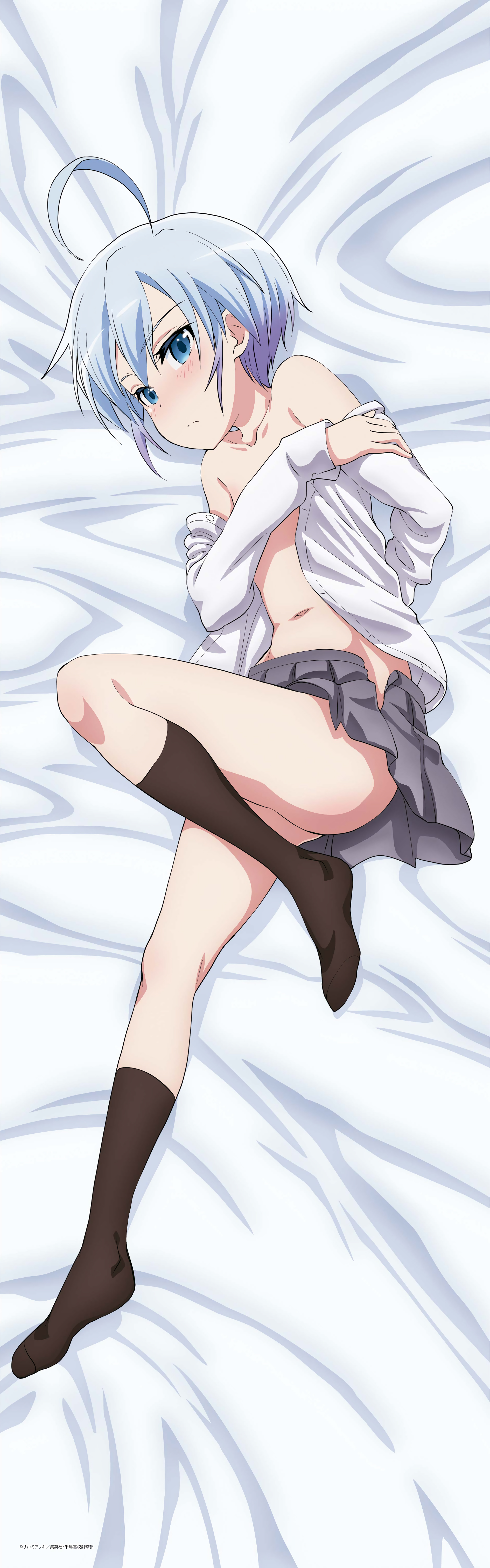 breast_hold dakimakura igarashi_yukio mukaigawara_ken no_bra nopan open_shirt rifle_is_beautiful seifuku skirt_lift