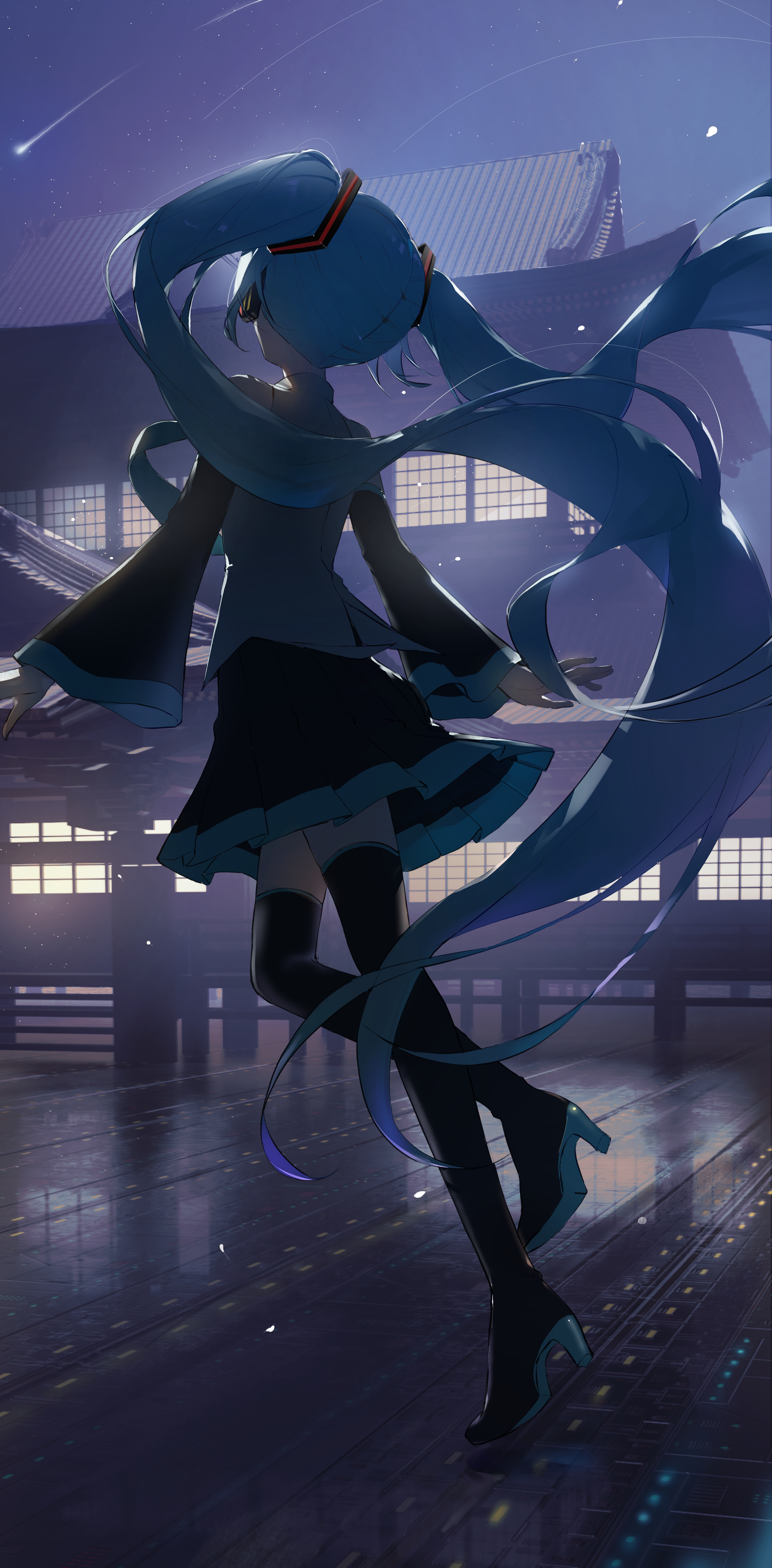 hatsune_miku headphones heels kamatoyu_ill skirt_lift thighhighs vocaloid