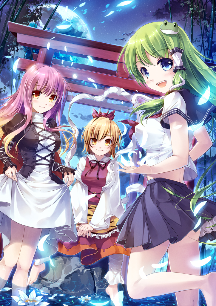 dress hijiri_byakuren kochiya_sanae miyase_mahiro see_through seifuku skirt_lift toramaru_shou touhou wet