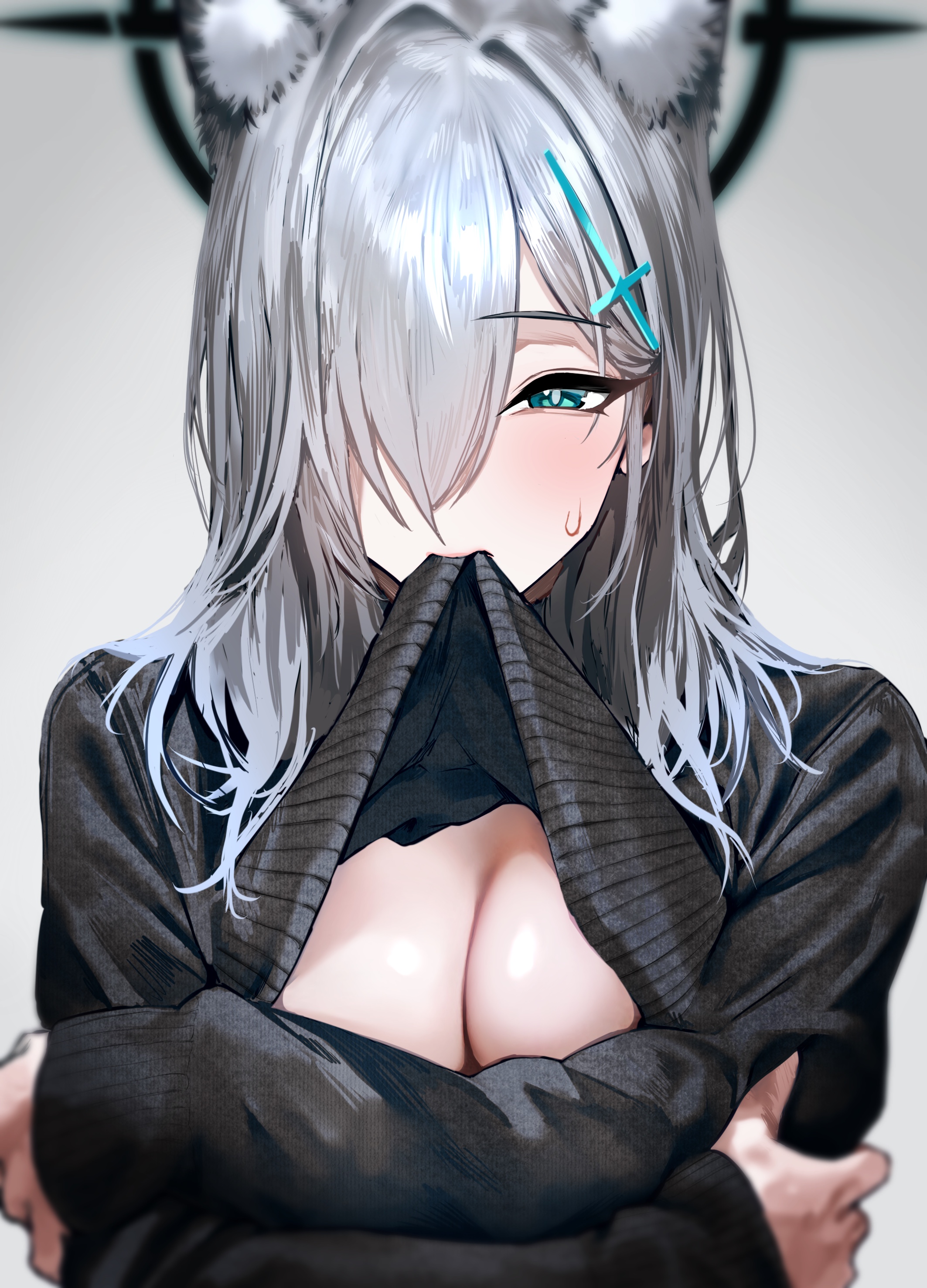 animal_ears blue_archive breast_hold breasts halo kazane-wind nekomimi no_bra shiroko_terror shirt_lift sunaookami_shiroko sweater