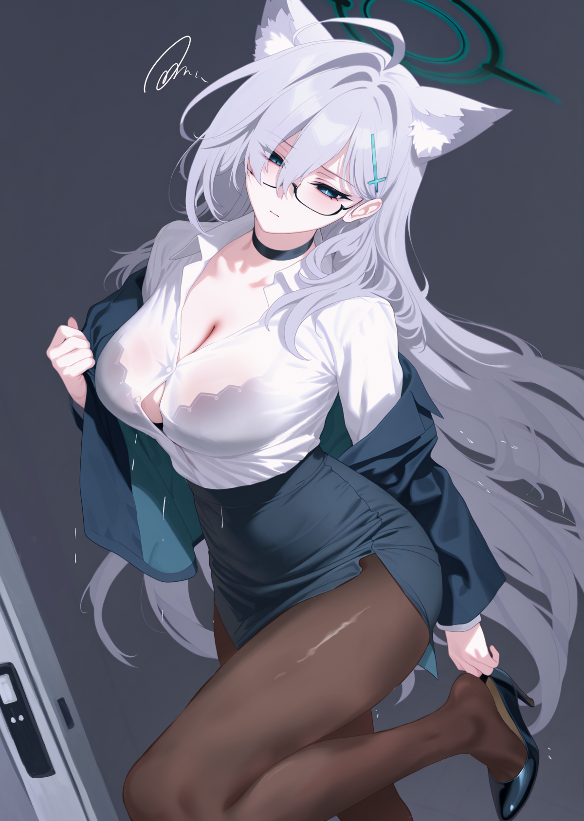 animal_ears blue_archive bra ei_(fnjx3455) halo heels megane nekomimi open_shirt pantyhose see_through shiroko_terror sunaookami_shiroko undressing