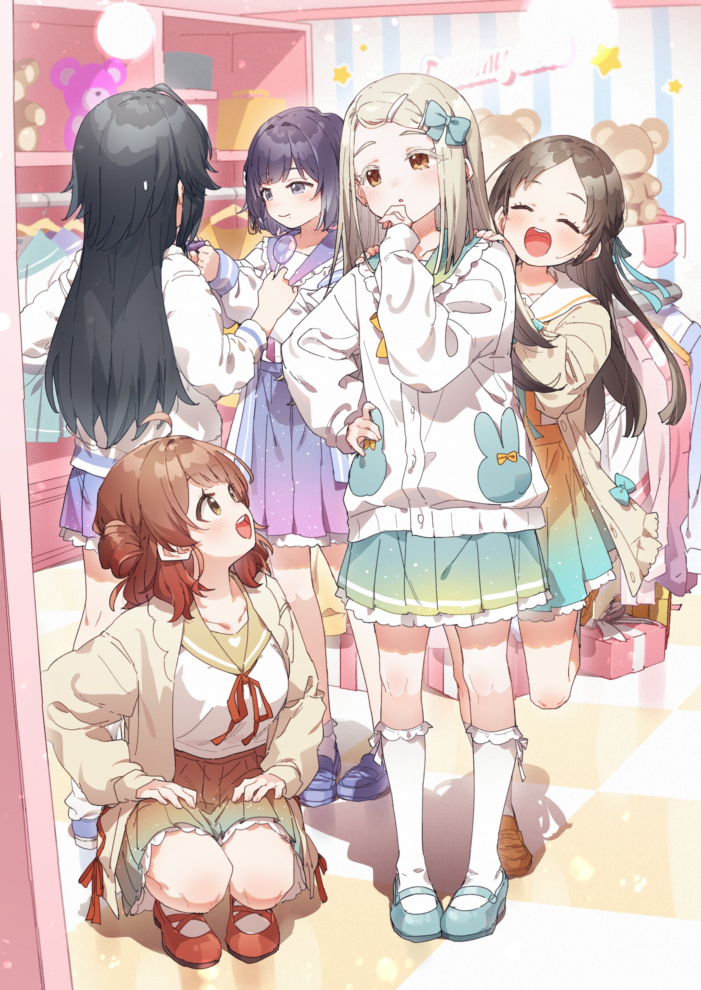 gakuen_idolm@ster hanami_ume hataya_misuzu kuramoto_china kusaka_shi seifuku shinosawa_hiro skirt_lift sweater the_idolm@ster tsukimura_temari