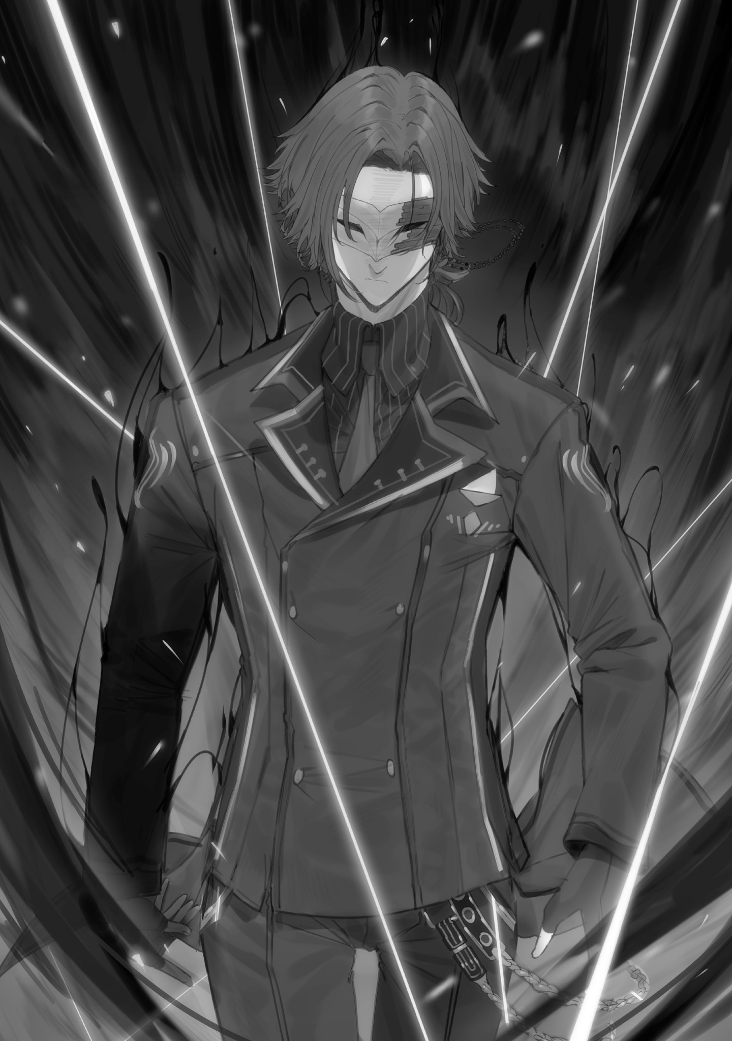 touzai kage no jitsuryokusha ni naritakute! cid kagenou goldy gilded  quinton (kage no jitsuryokusha ni naritakute!) armor eyepatch monochrome  uniform, #1060465