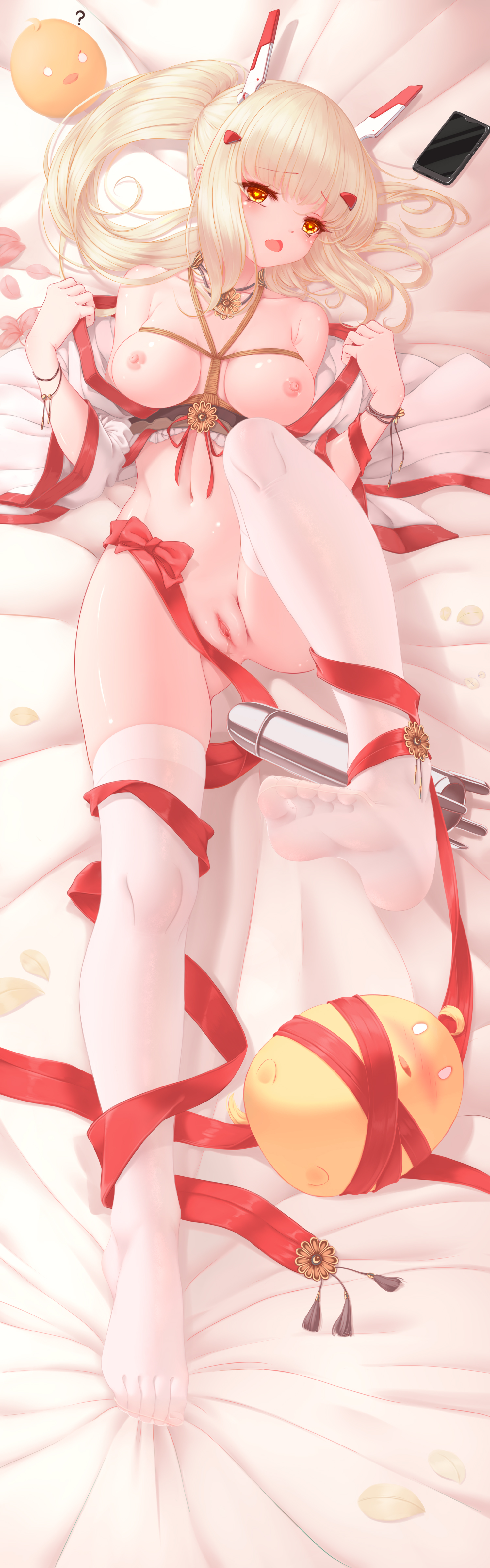 ayanami_(azur_lane) azur_lane bottomless breasts dakimakura feet japanese_clothes manjuu_(azur_lane) nipples no_bra open_shirt pussy seelehan skirt_lift thighhighs uncensored undressing