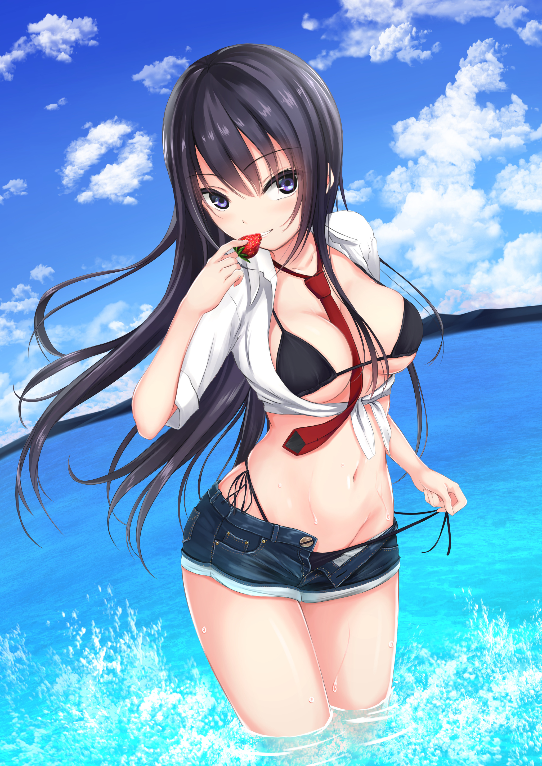 bikini dress_shirt kurokamin open_shirt panty_pull shiramine_rika swimsuits undressing wet